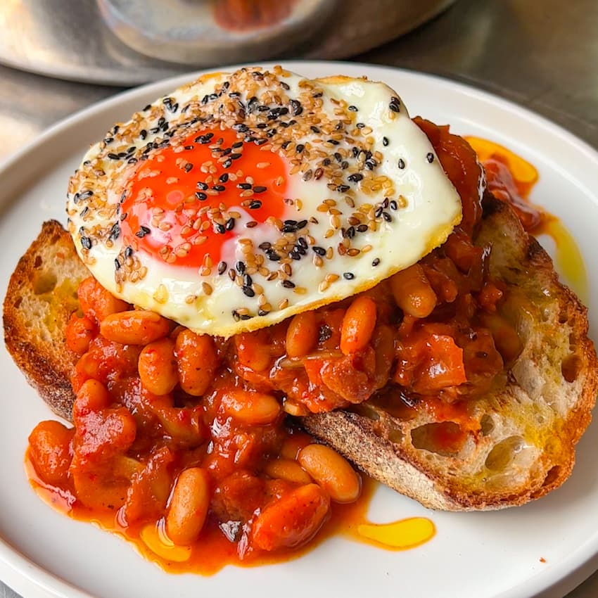 Kimchi Baked Beans With Sesame Fried Eggs