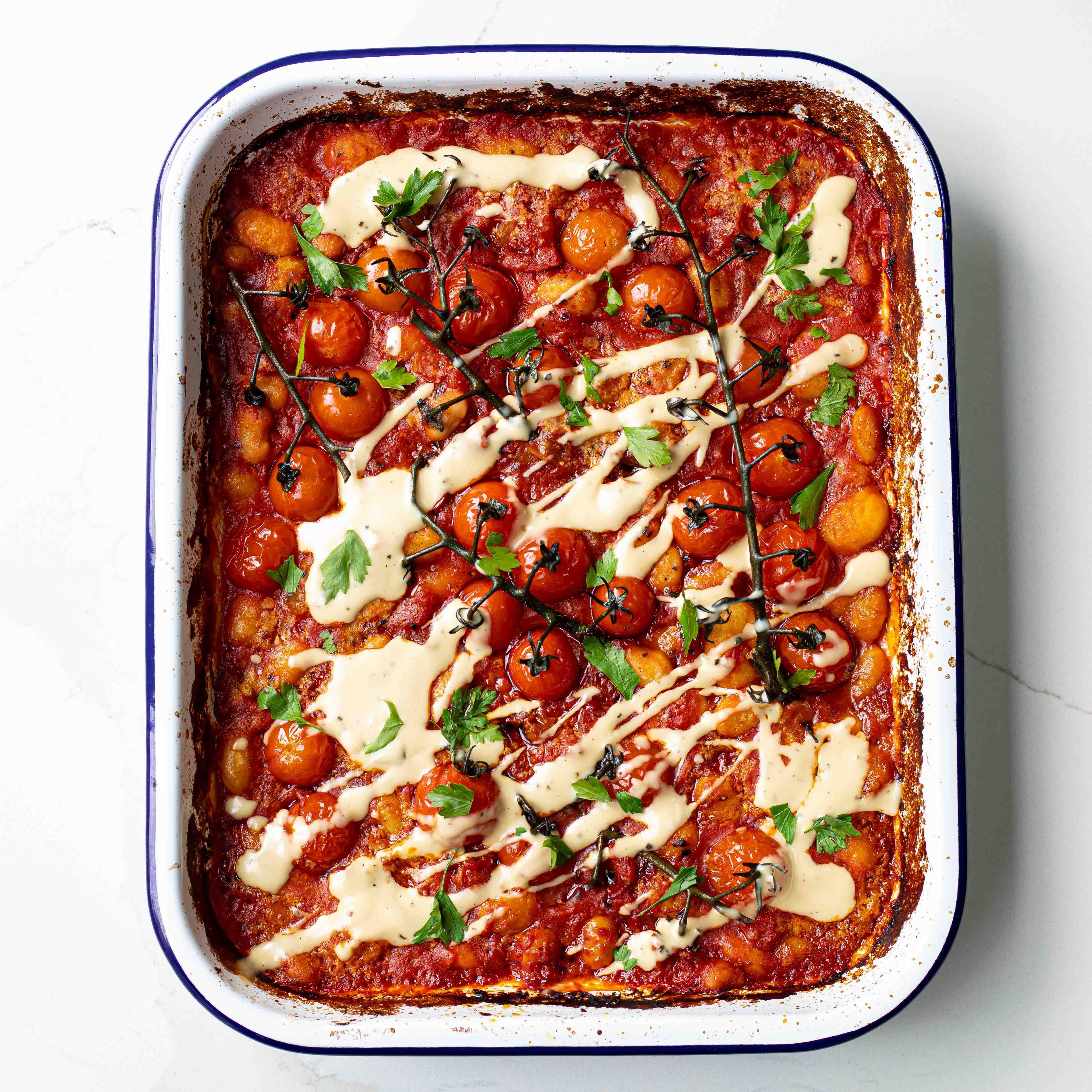 Saucy Harissa Gnocchi Traybake With Tahini Drizzle