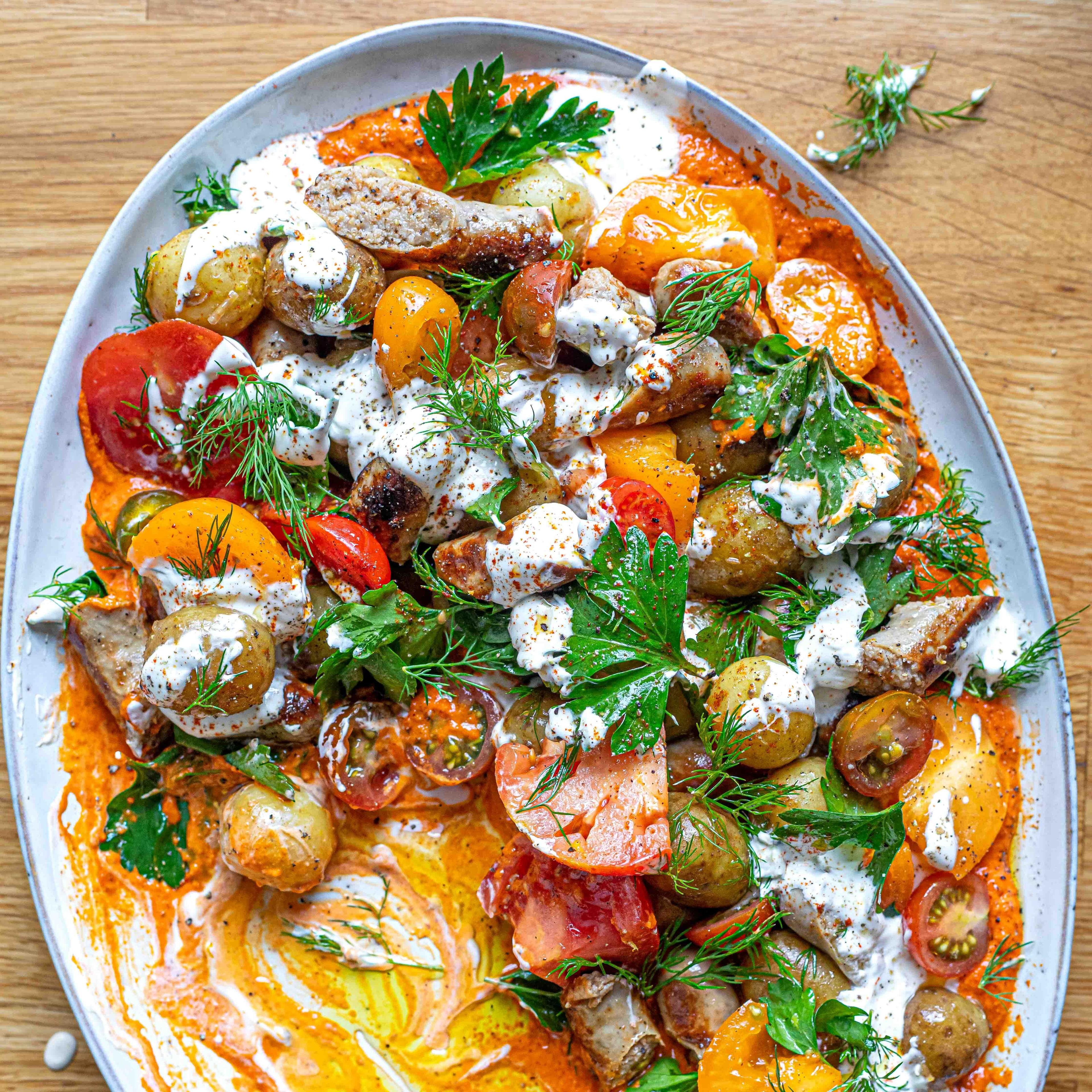 Smoky Romesco Potato Sausage Platter