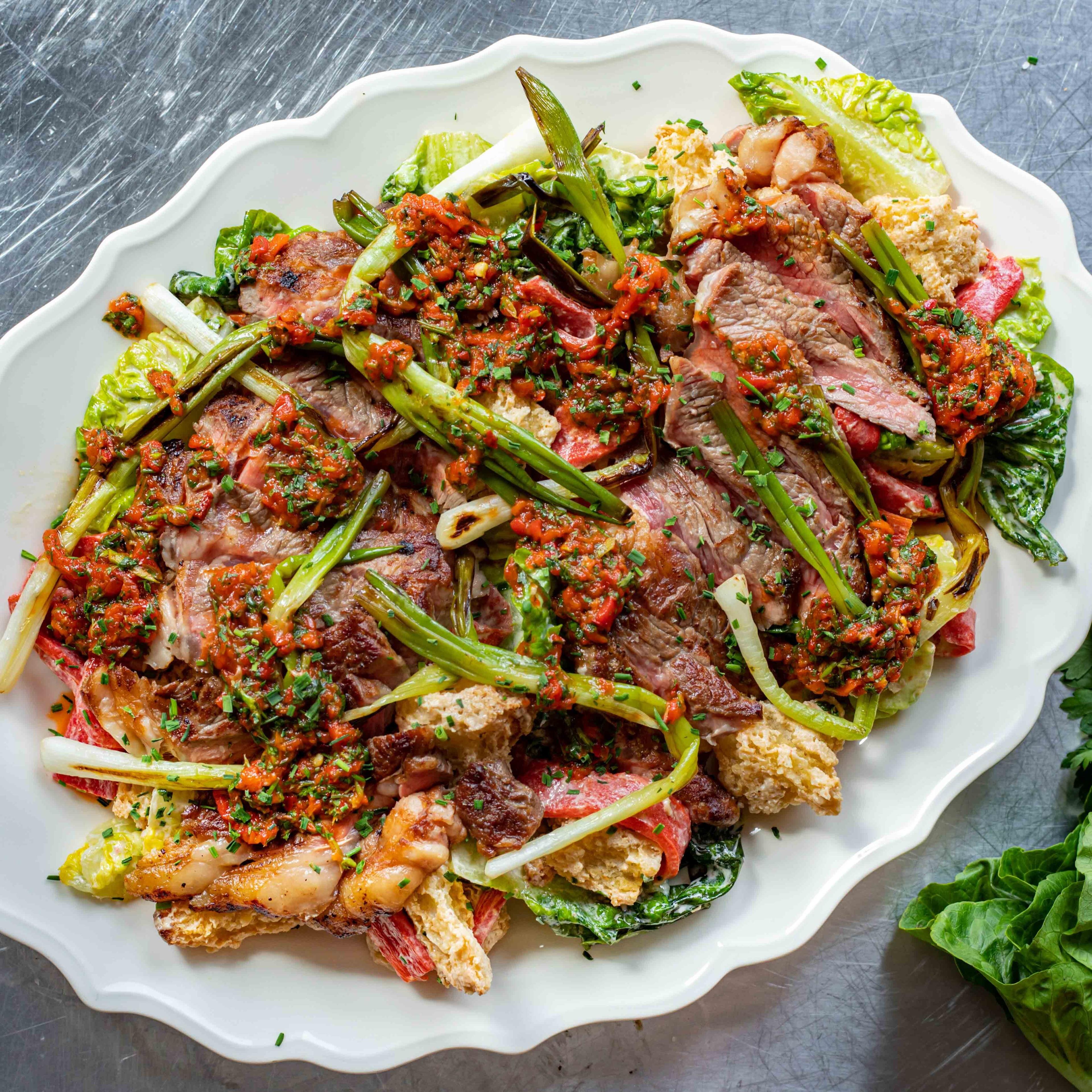 Steak Salad with Roasted Pepper Chimichurri and Garlic Croutons