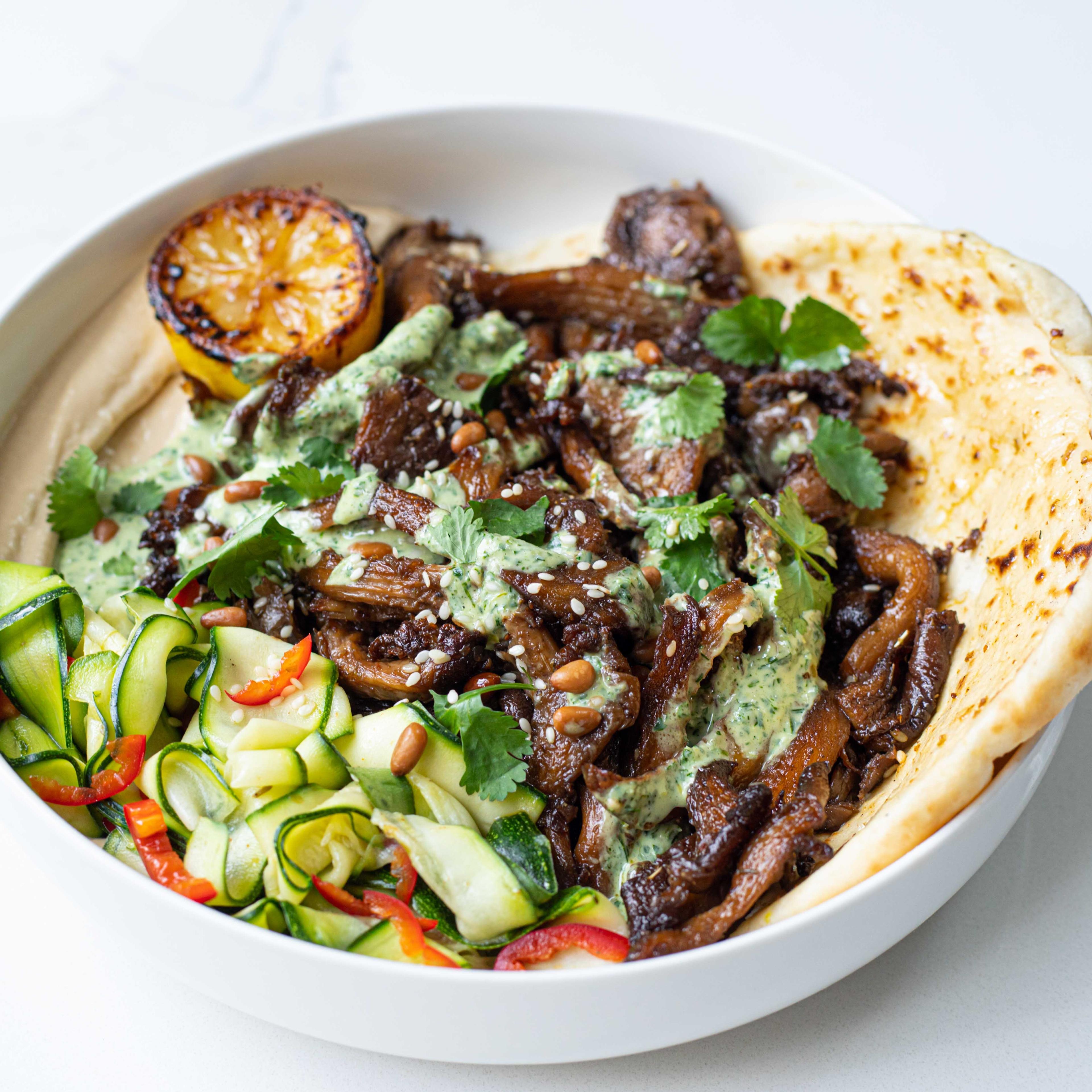 Sticky Mushroom Pitta and Hummus Bowl