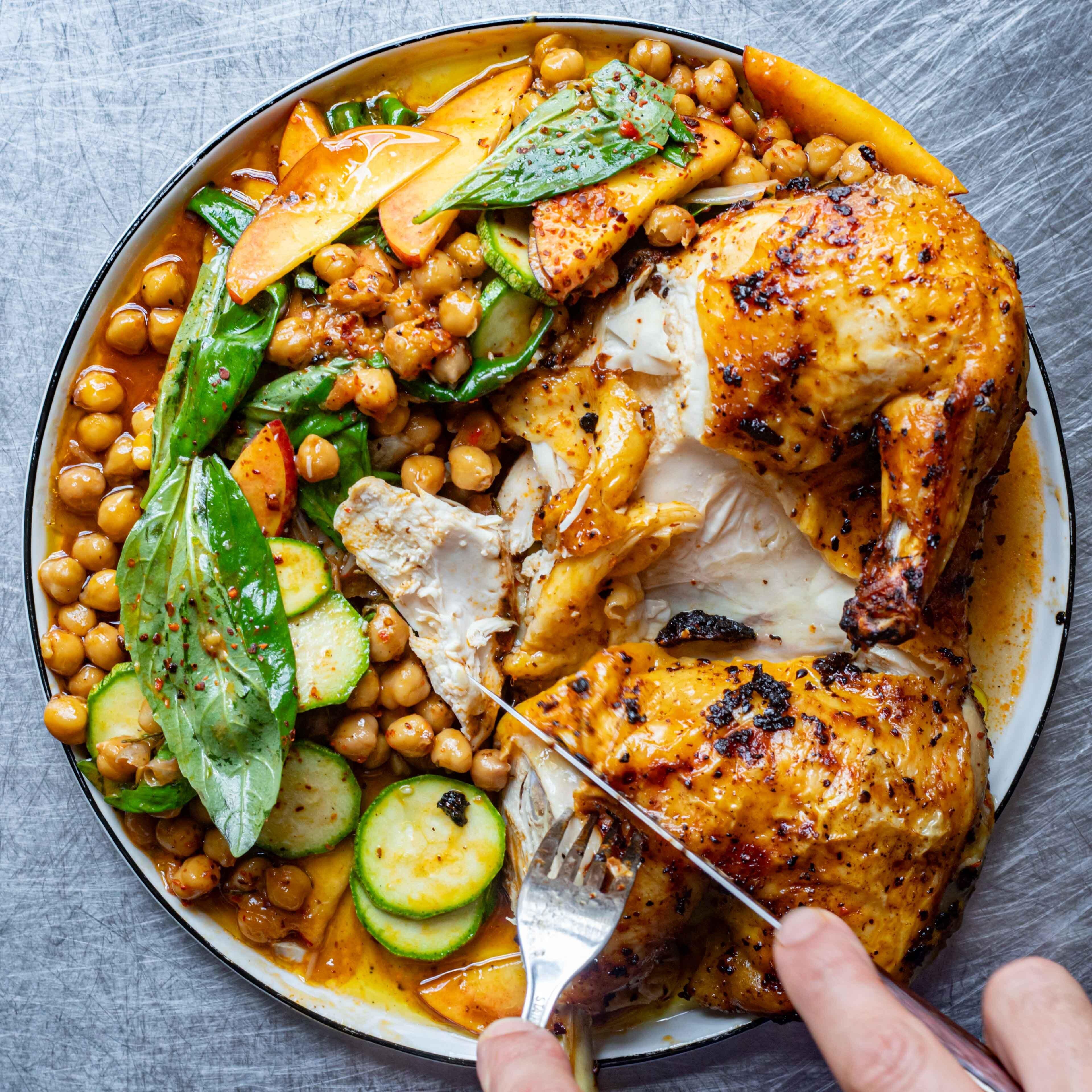 Urfa Roast Chicken With Peach Courgette Salad