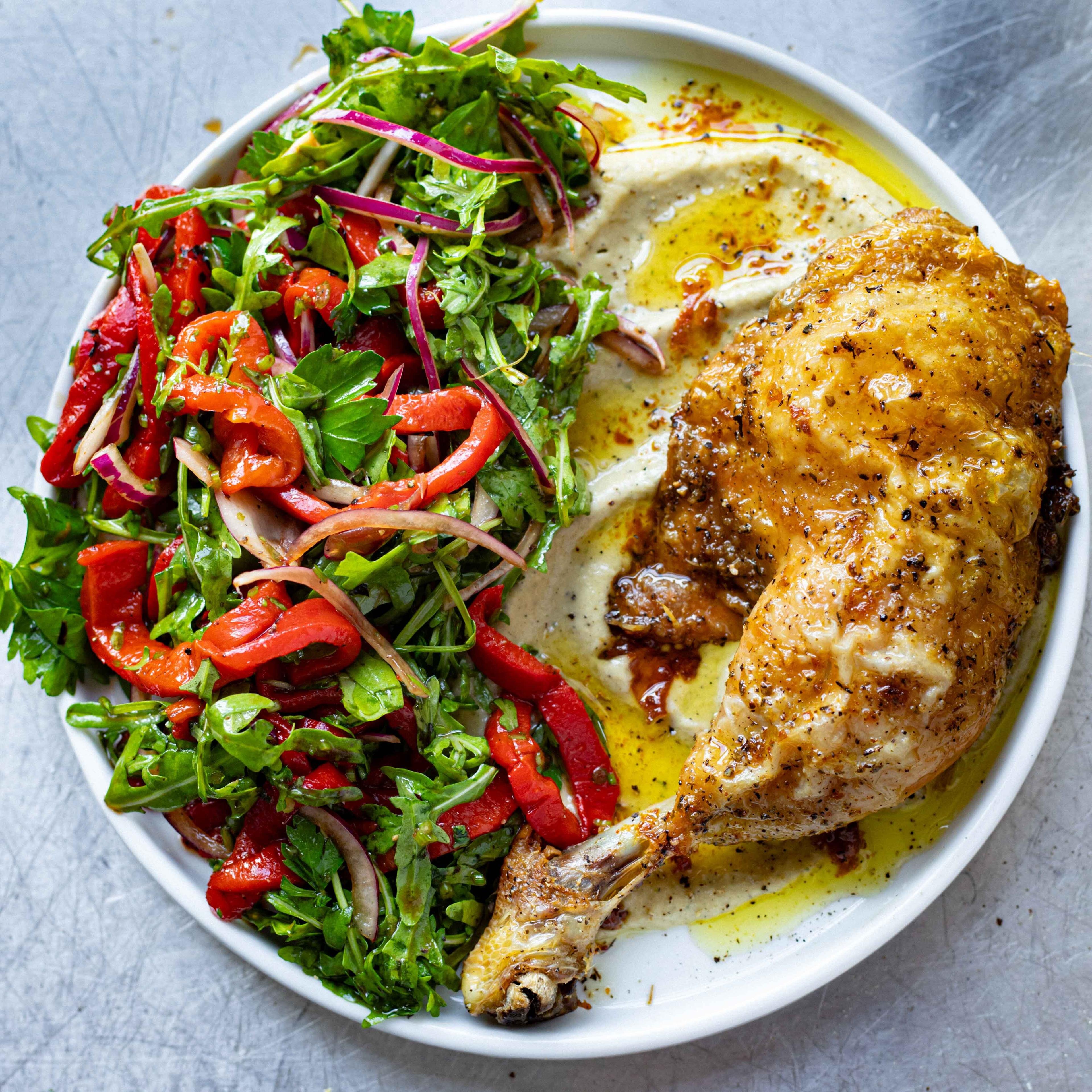 Caviar d Aubergine With Roast Chicken Parsley Pepper Salad