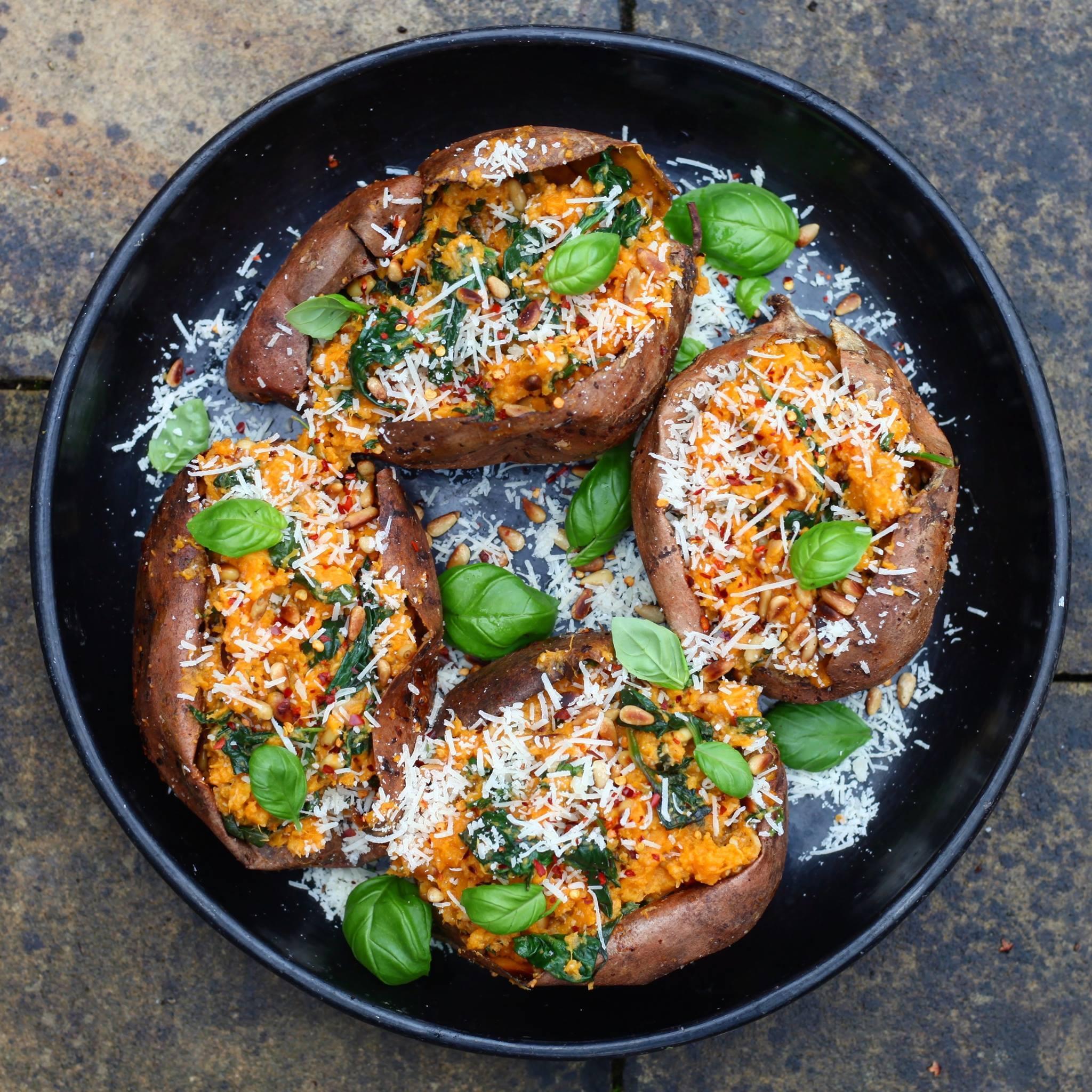 Homemade Pesto Stuffed Sweet Potatoes