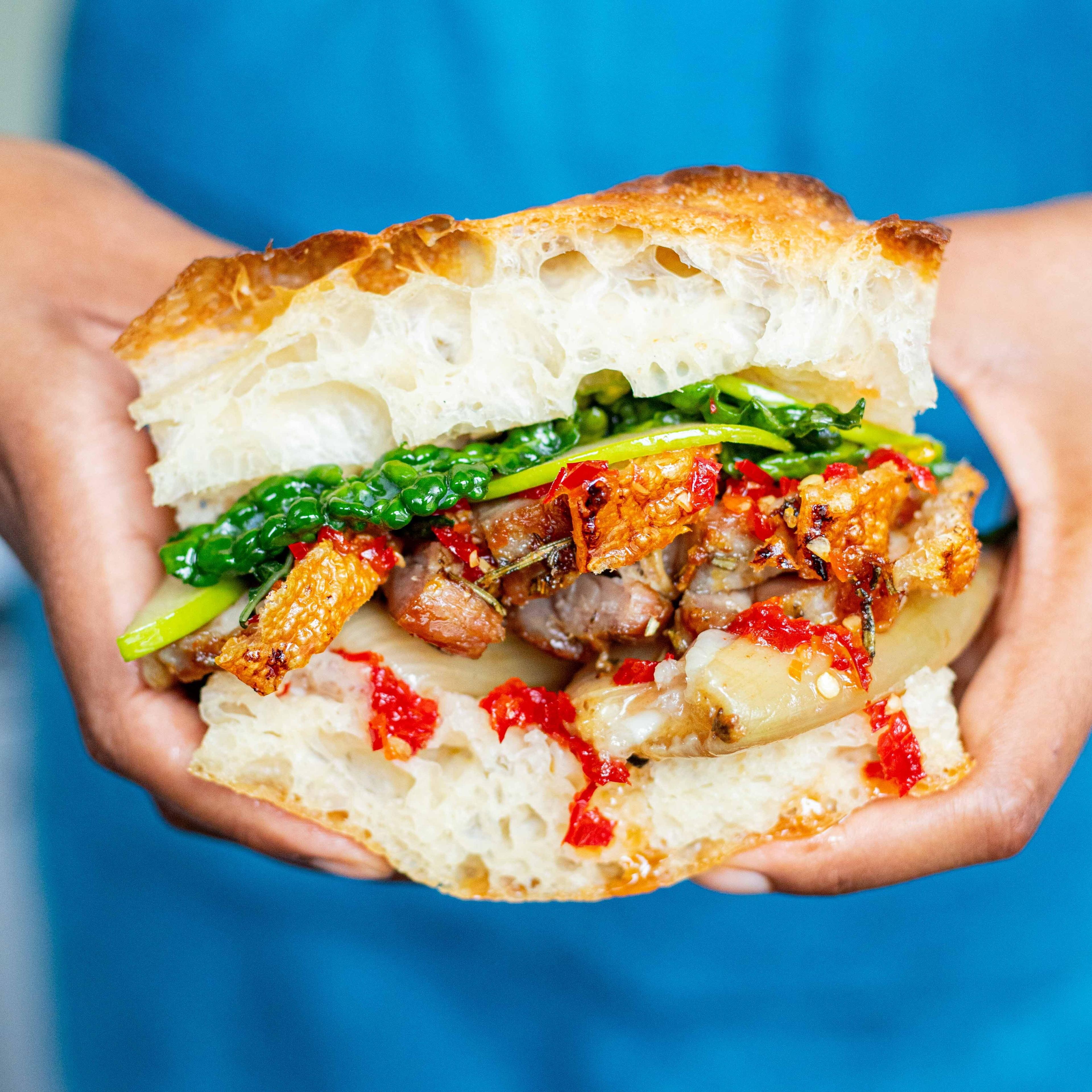 Hot Honey Crispy Pork Crackling Sandwich