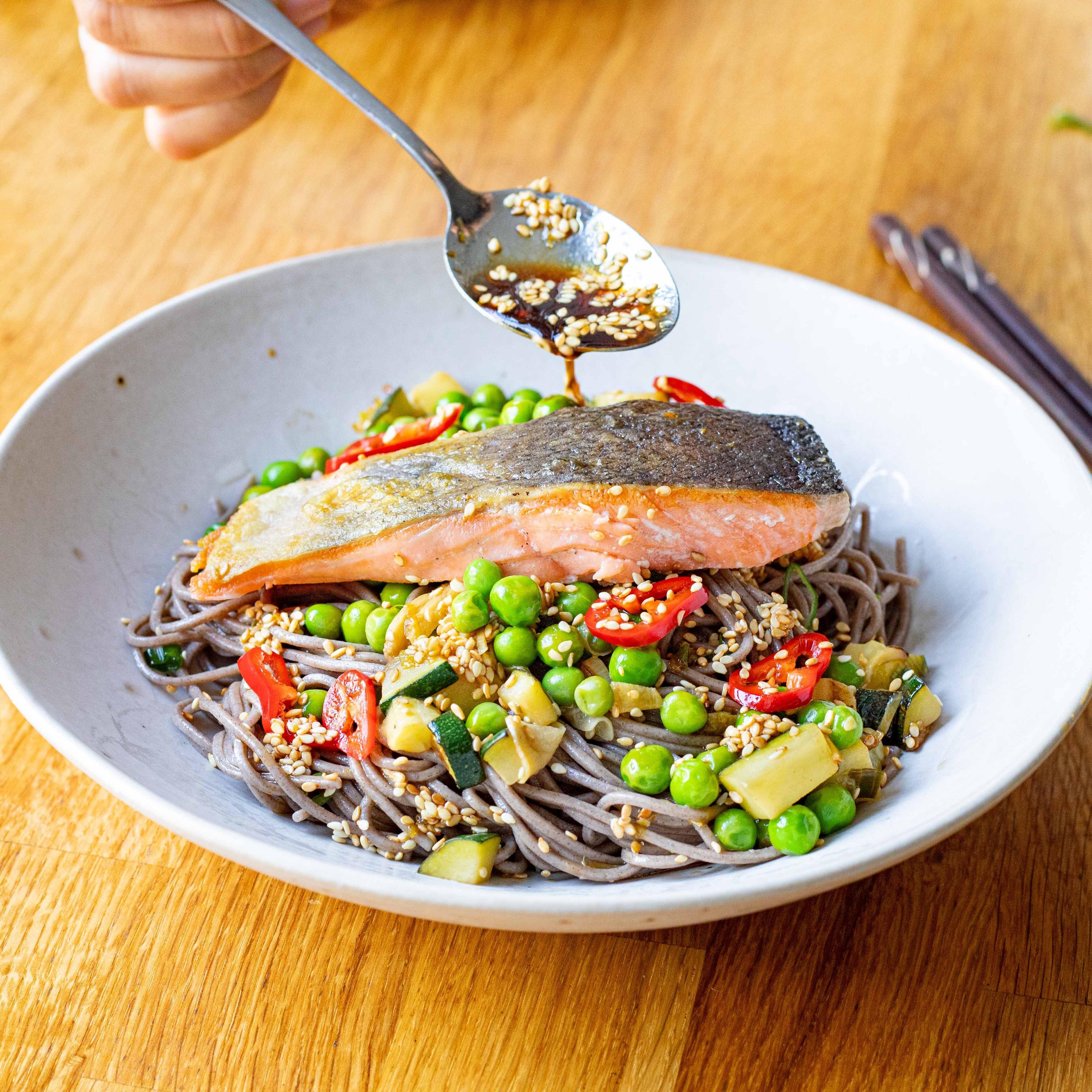 Ponzu Soba Salad With Crispy Salmon Pickles