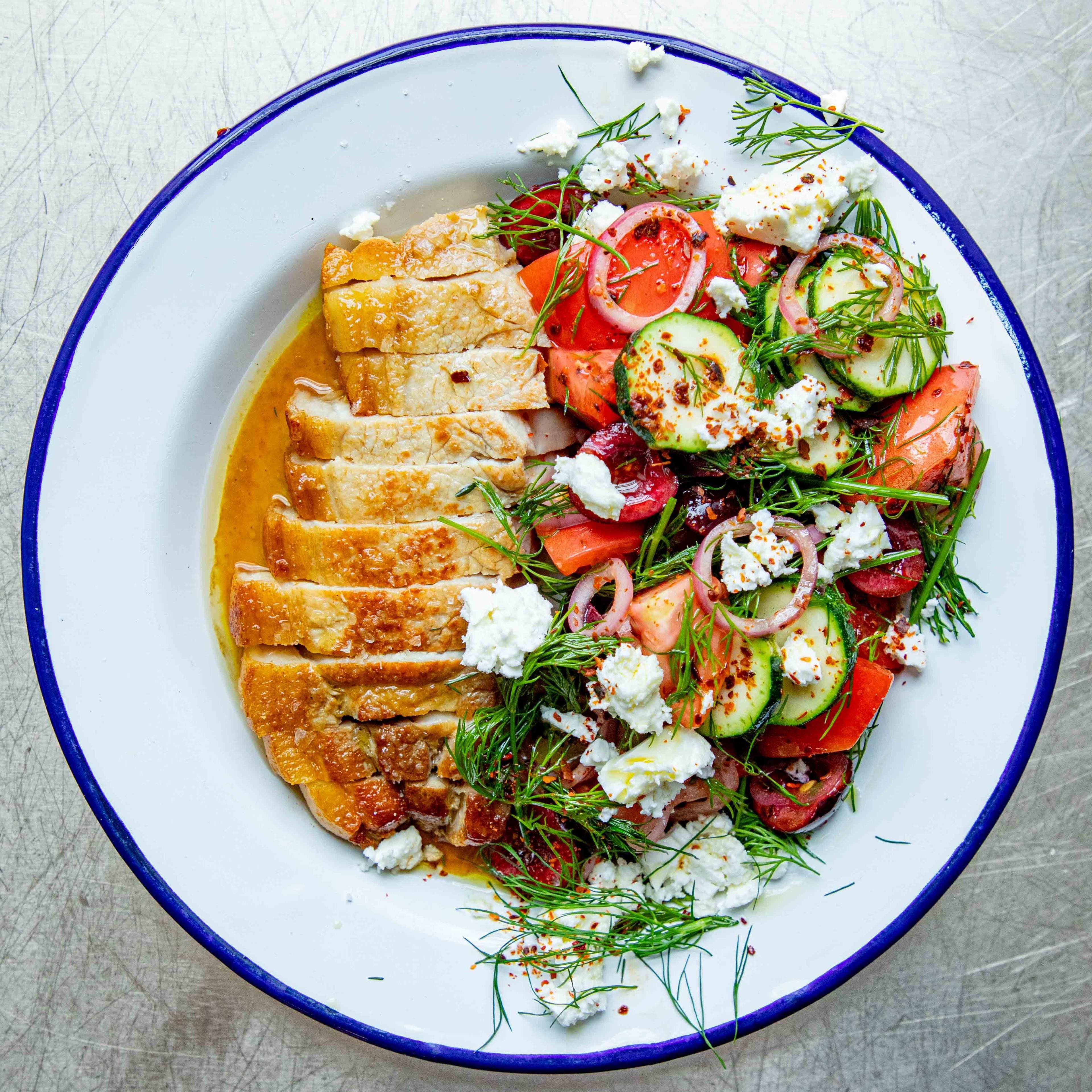 Pork Chops With Feta Tomato Cherry Salad