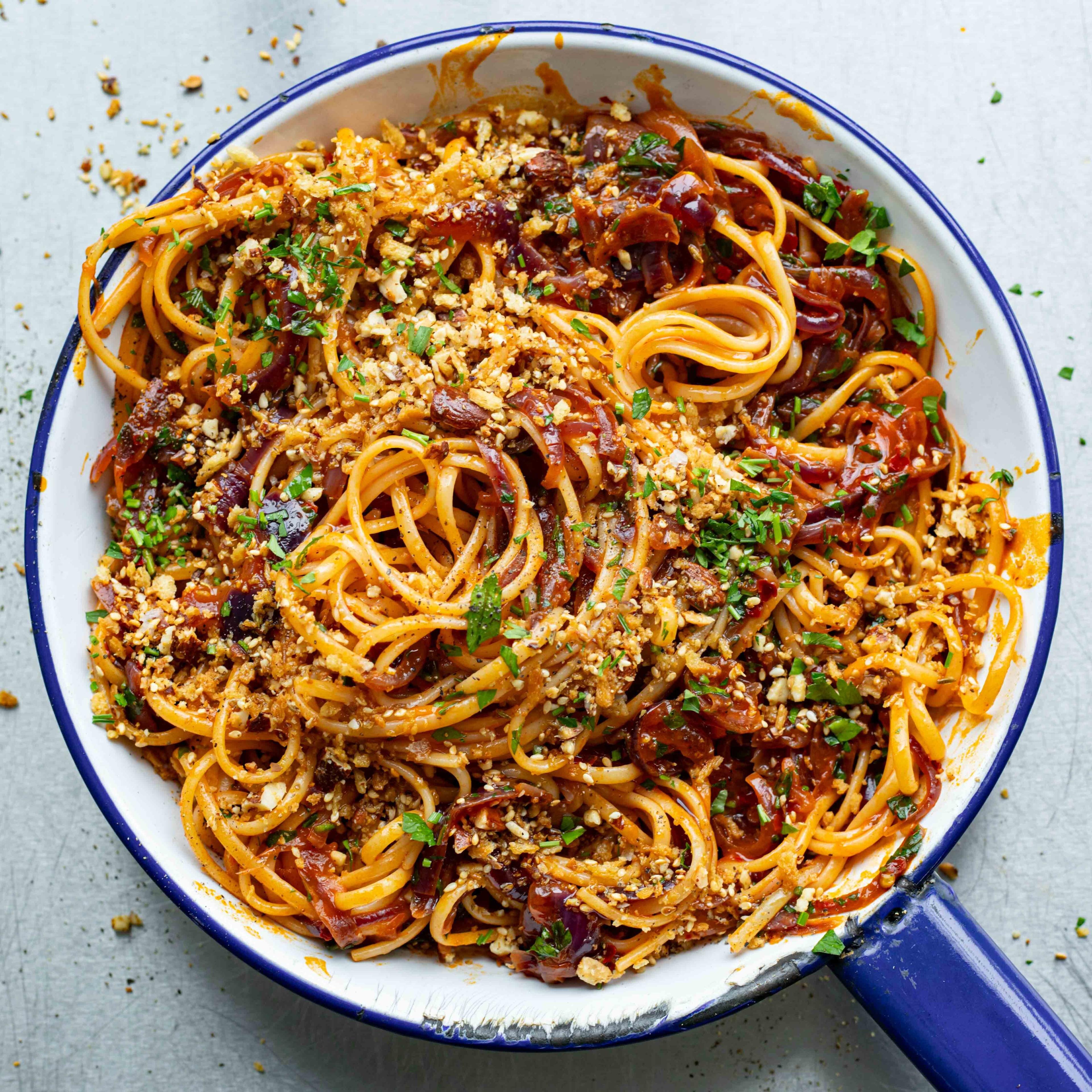 Sticky Harissa Onion Linguine With Dukkah Breadcrumbs