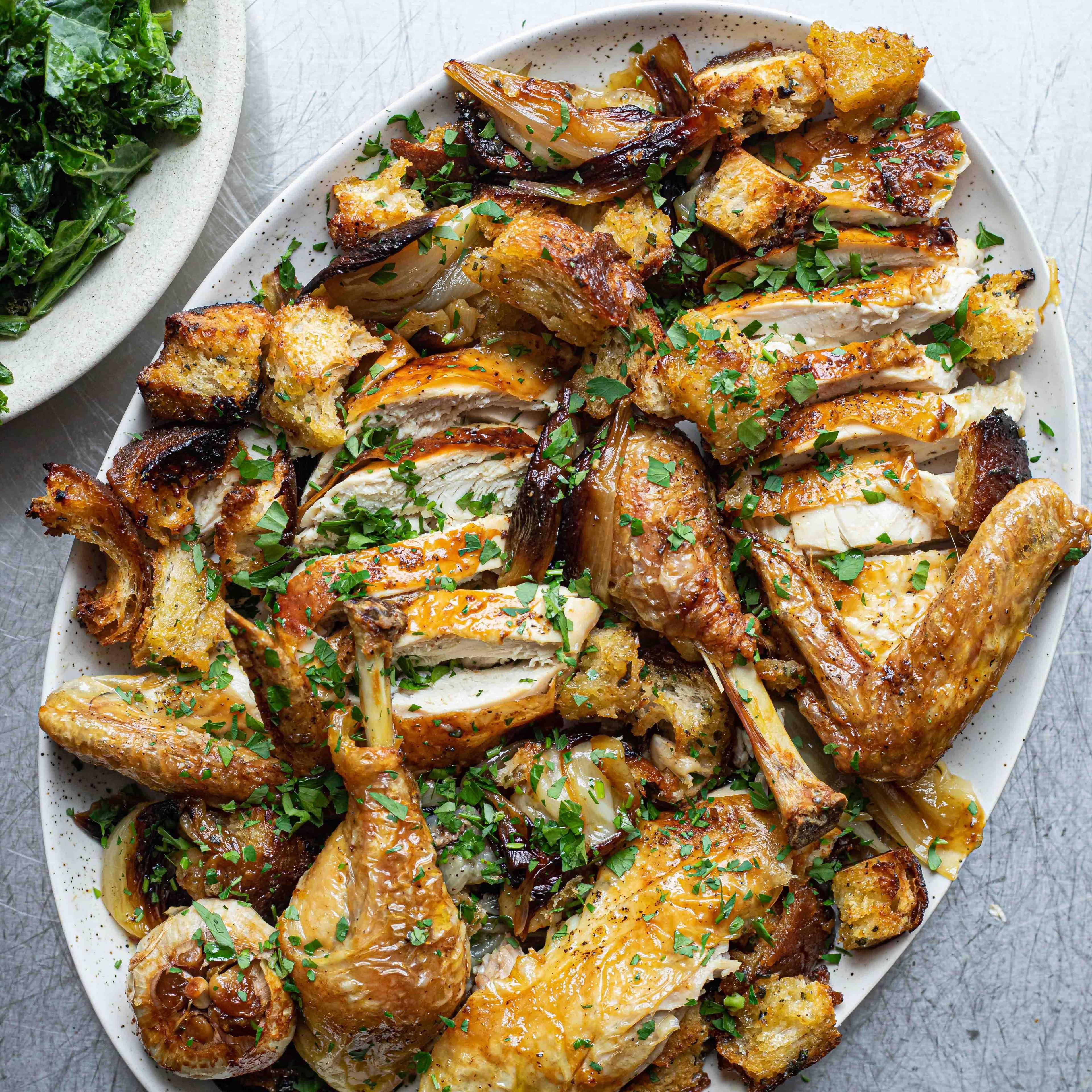 Roast Chicken Sticky Shallots With Stuffing Breadcrumbs