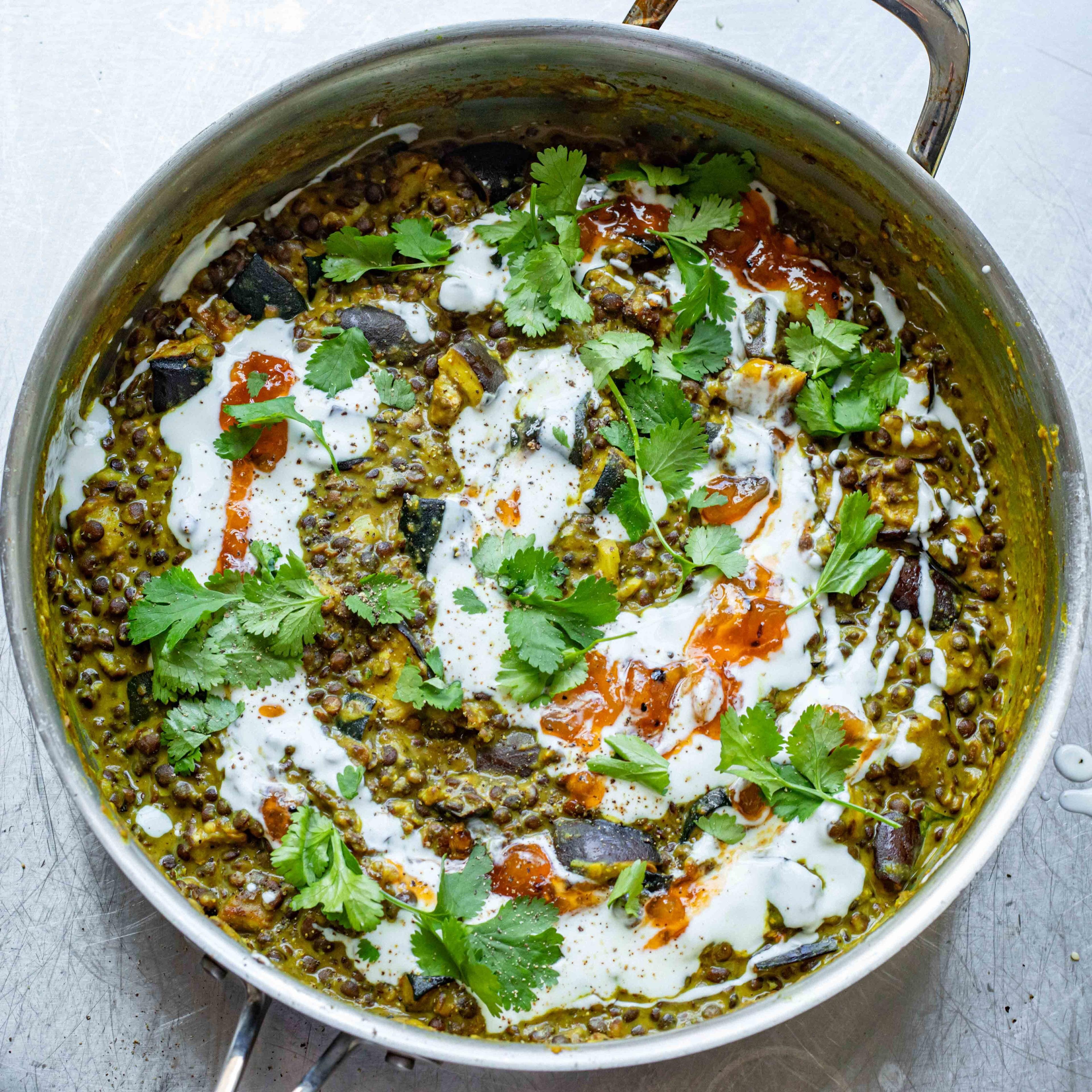 Aubergine Dal With Mango Chutney Yoghurt