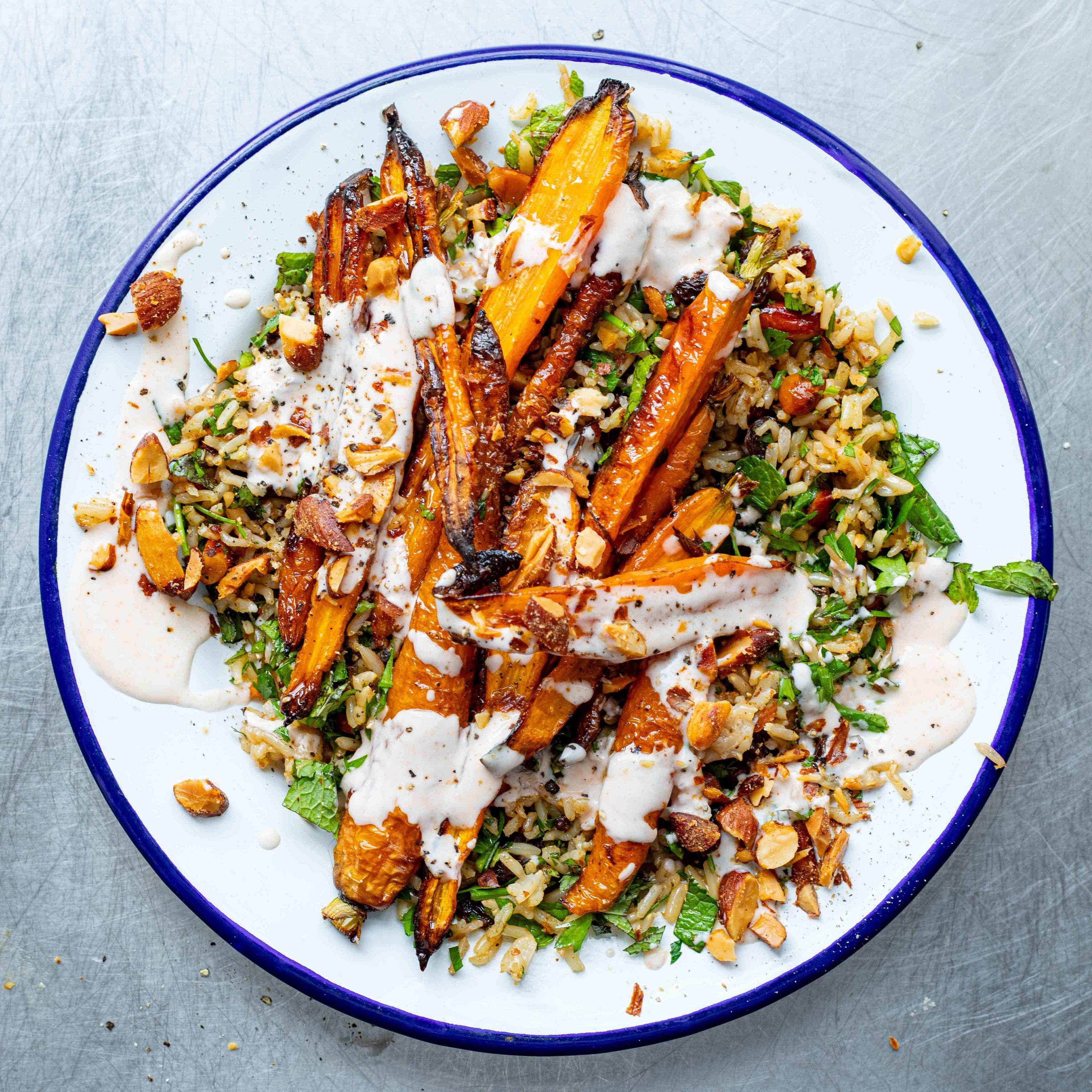 Carrot Almond Rice Salad With Hot Sauce Yoghurt