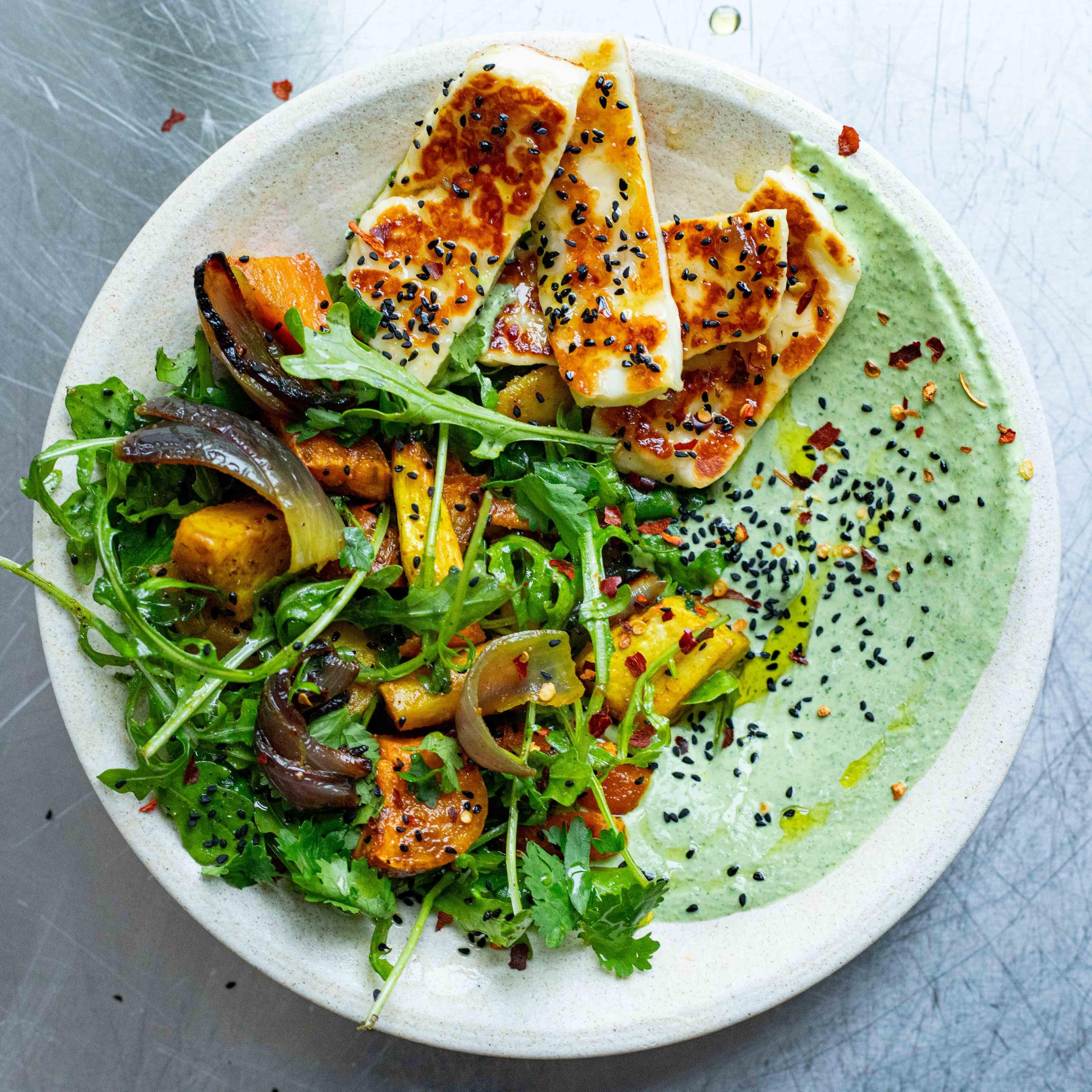 Curried Roasted Roots Sticky Mango Halloumi