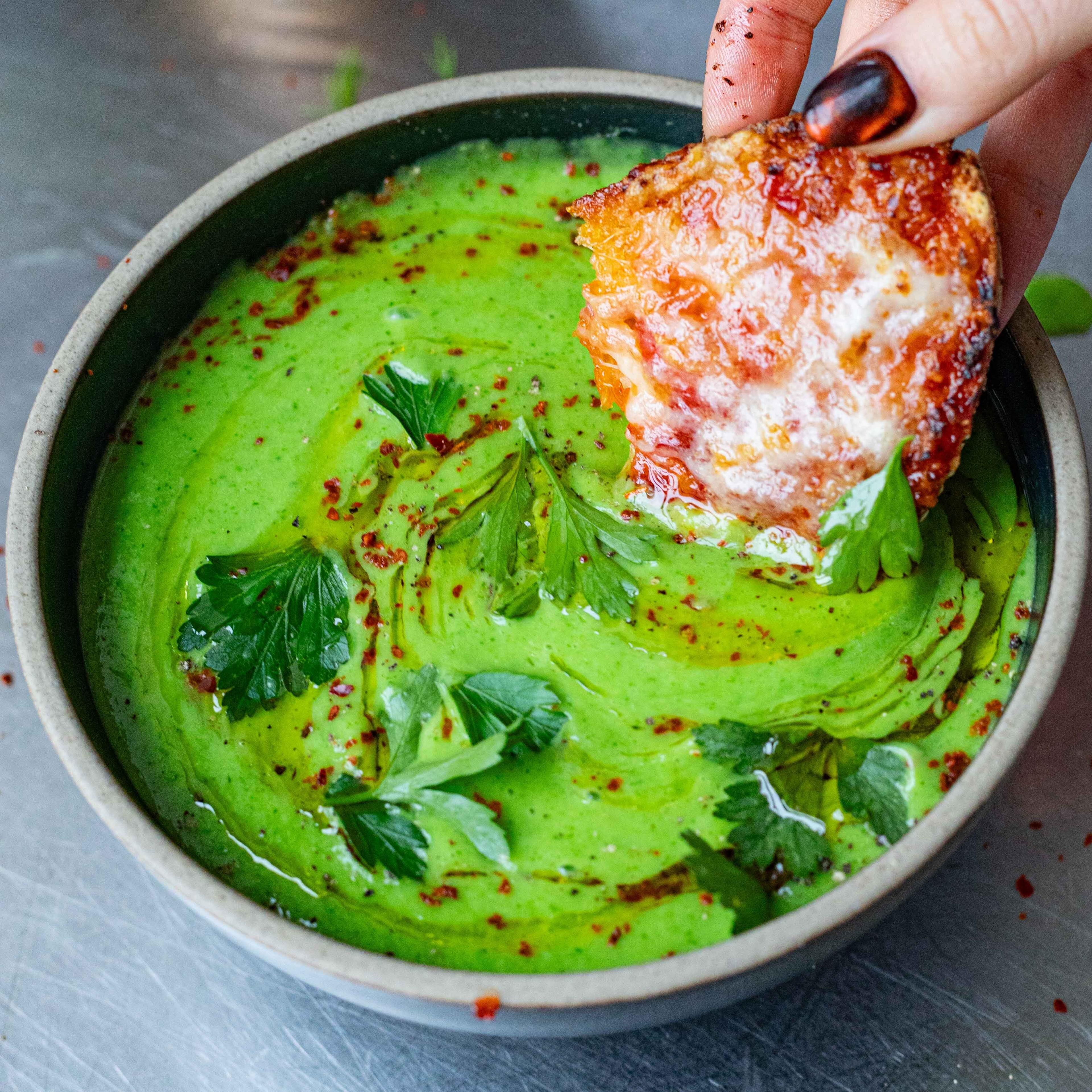 Pea Leek Soup With Chilli Jam Goats Cheese Toasts