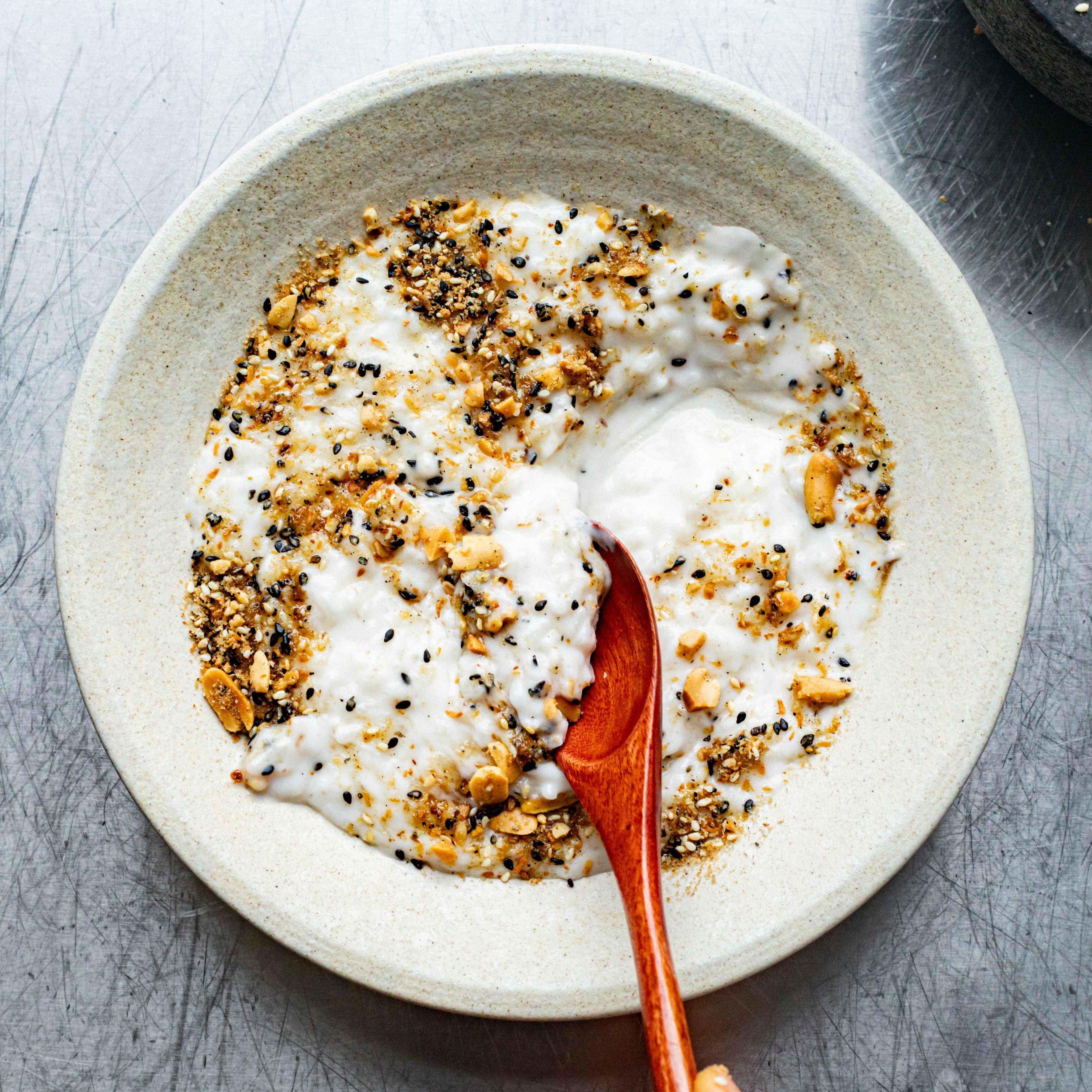 Thai Coconut Rice Pudding With Sesame Peanut Crunch