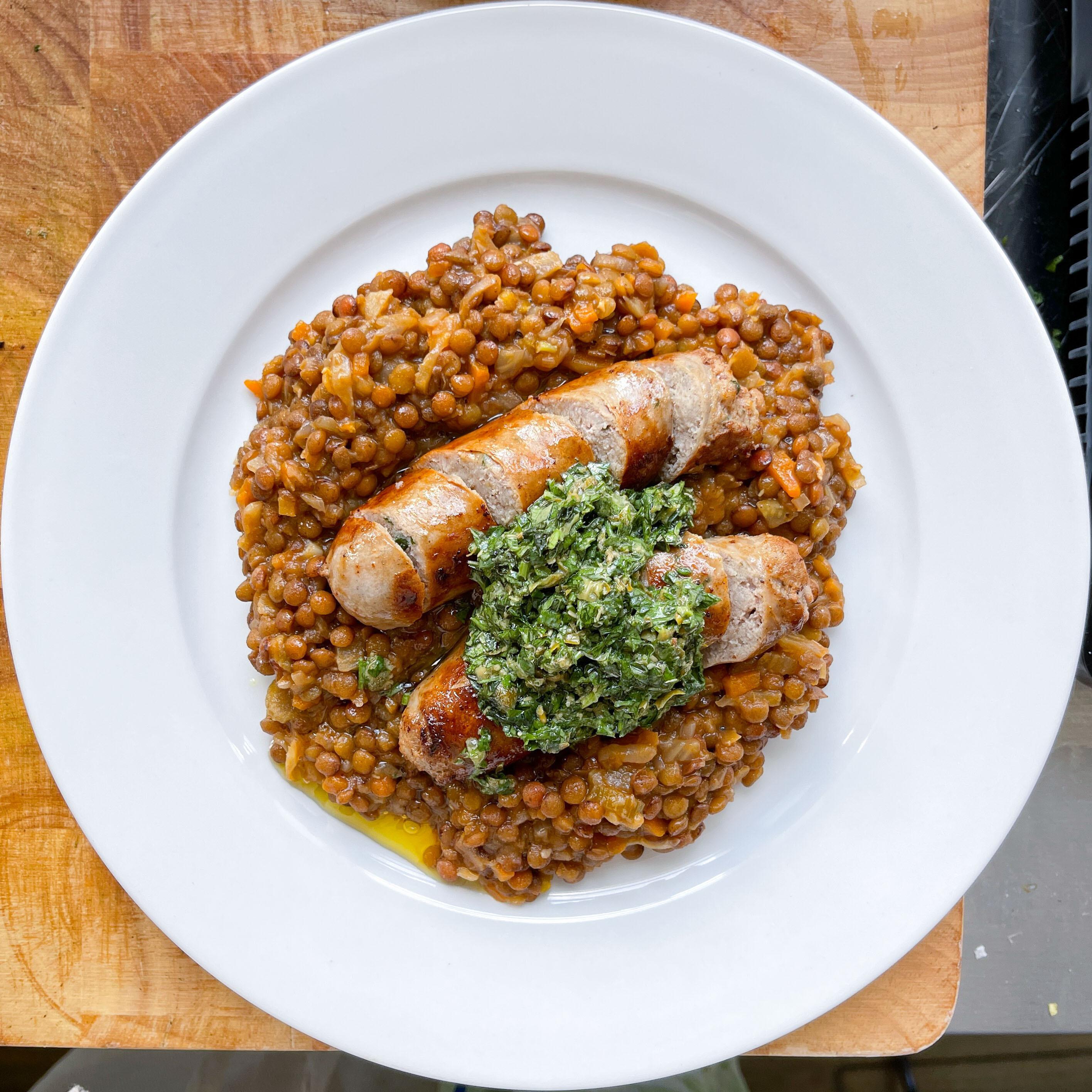 Braised Lentils with Fennel Sausage and Salsa Verde