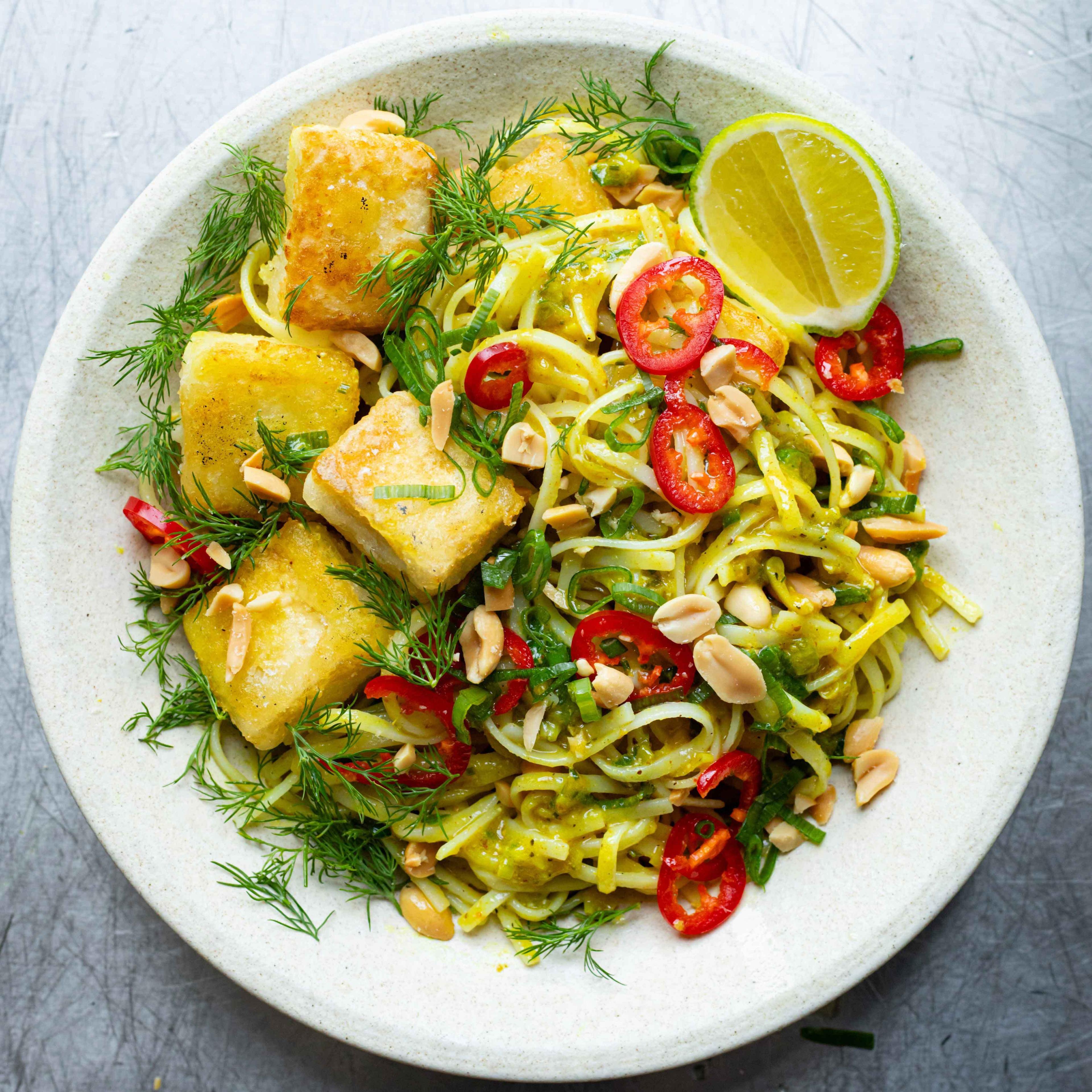 Crispy Tofu Noodles With Vibrant Turmeric Dressing