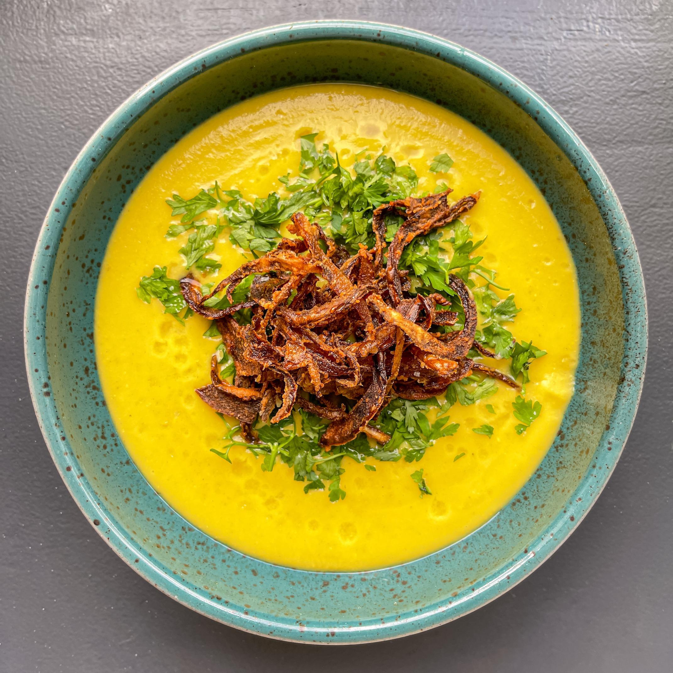 Lentil Potato and Cumin Soup with Crispy Onions