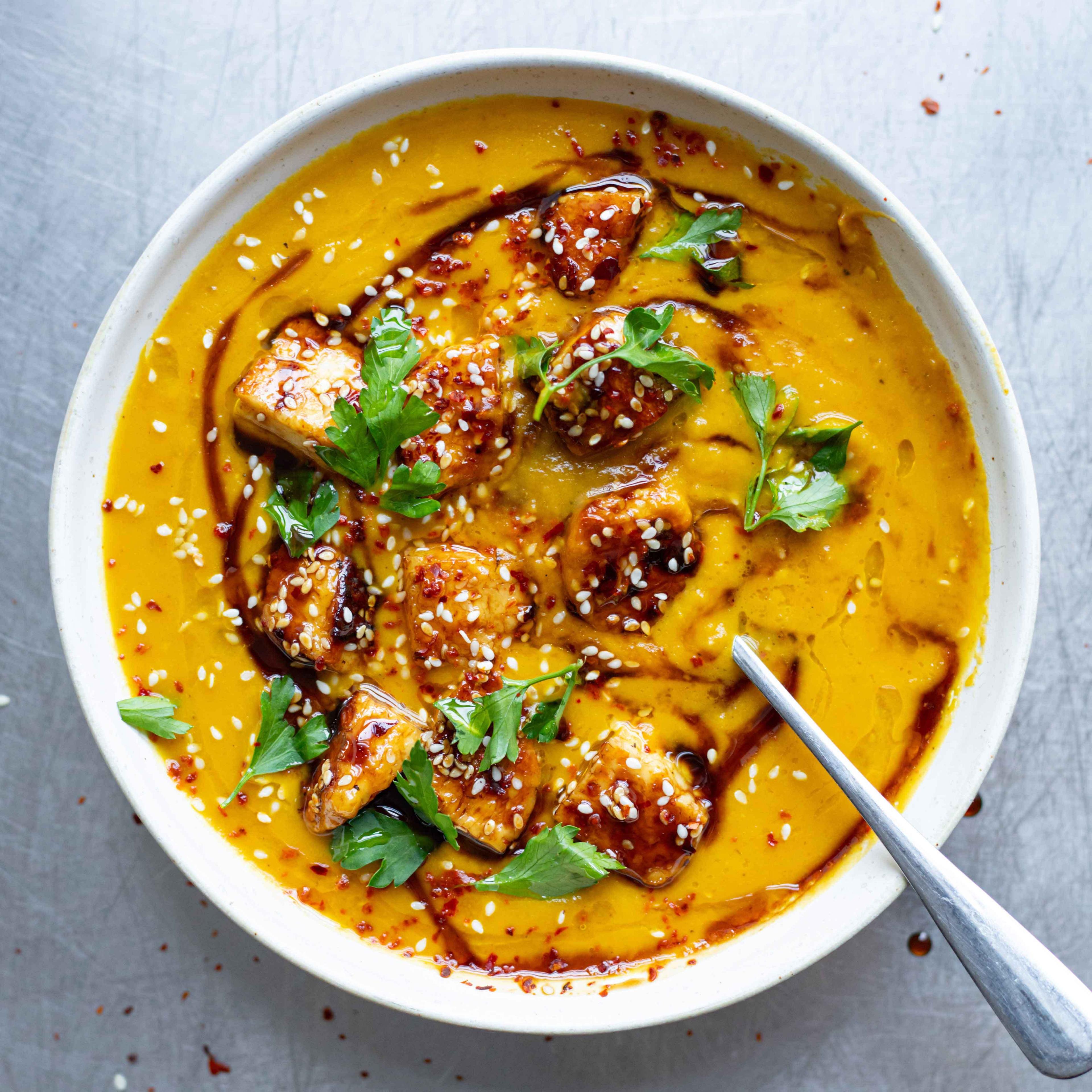 Roasted Carrot Soup with Sesame Halloumi Croutons