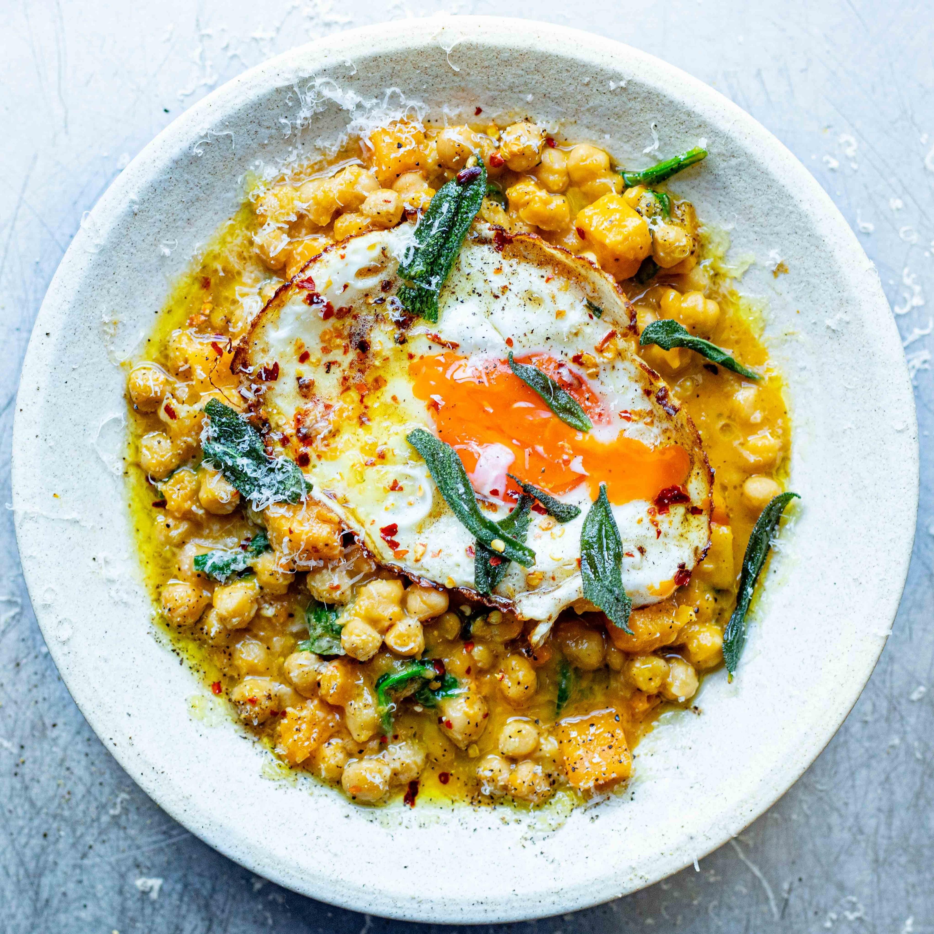 Squashy Parmesan Chickpeas With Brown Butter Fried Eggs