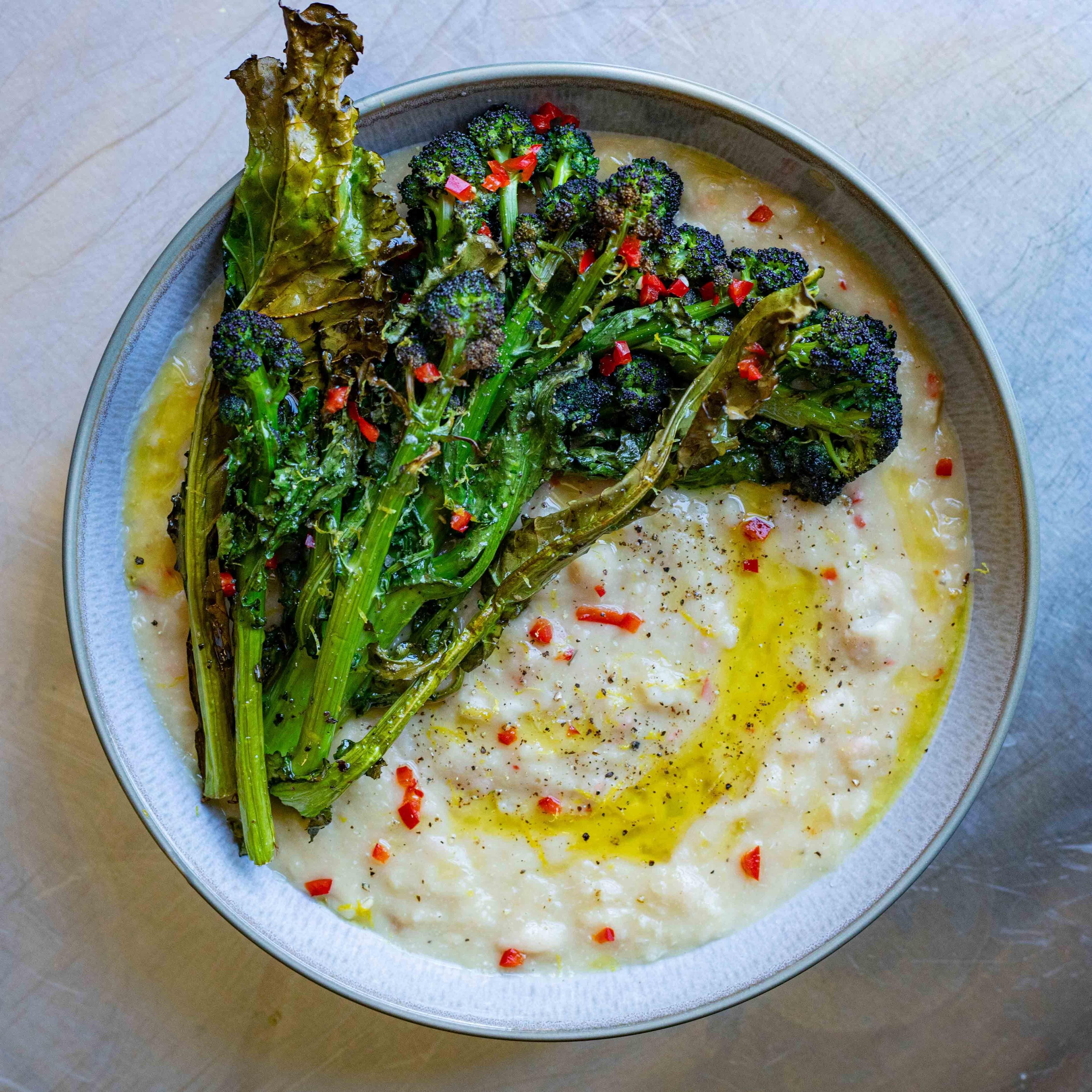 Garlicky White Beans Roasted Purple Sprouting Broccoli Chilli and Lemon