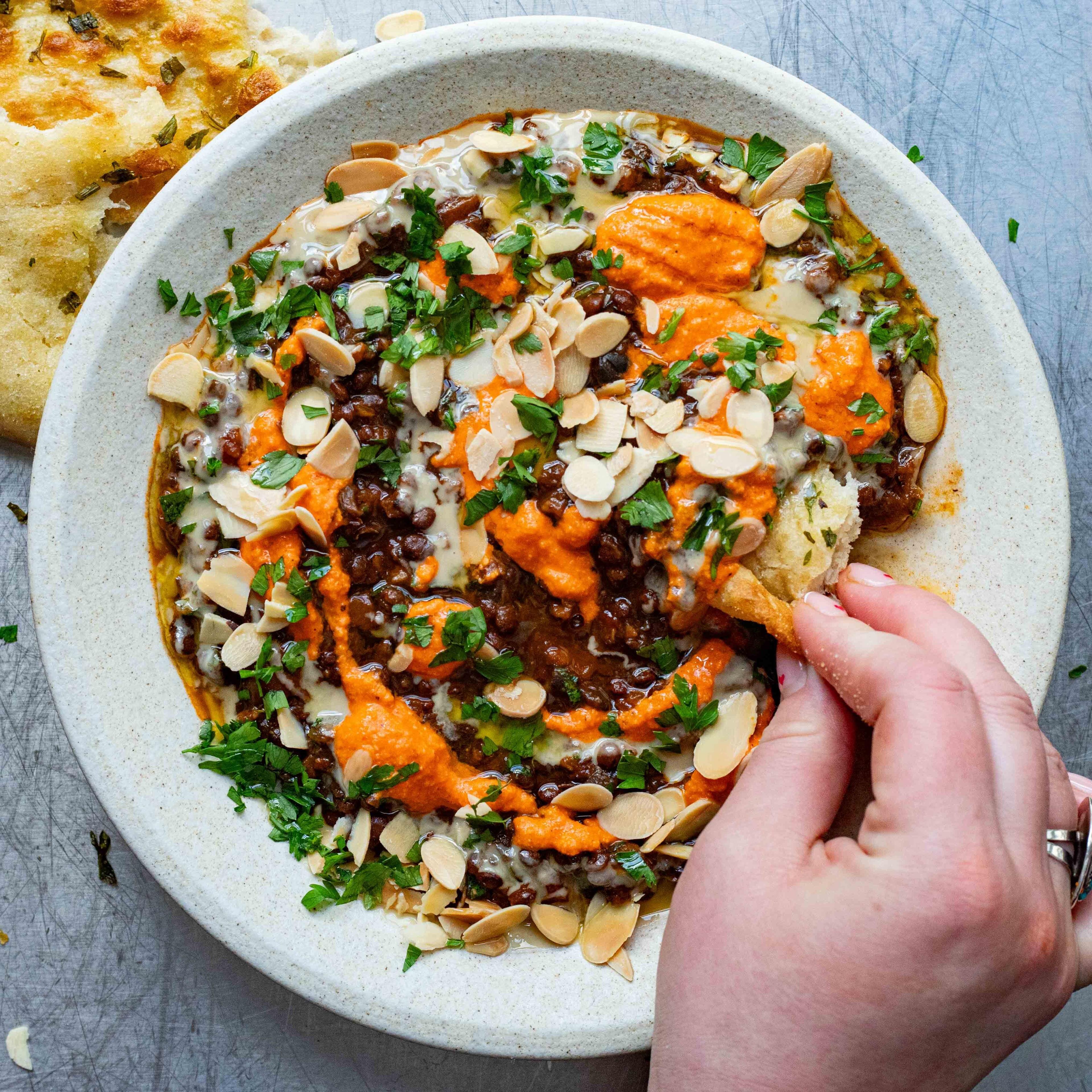 Mushroom Lentil Ragù With Red Pepper Sauce Tahini