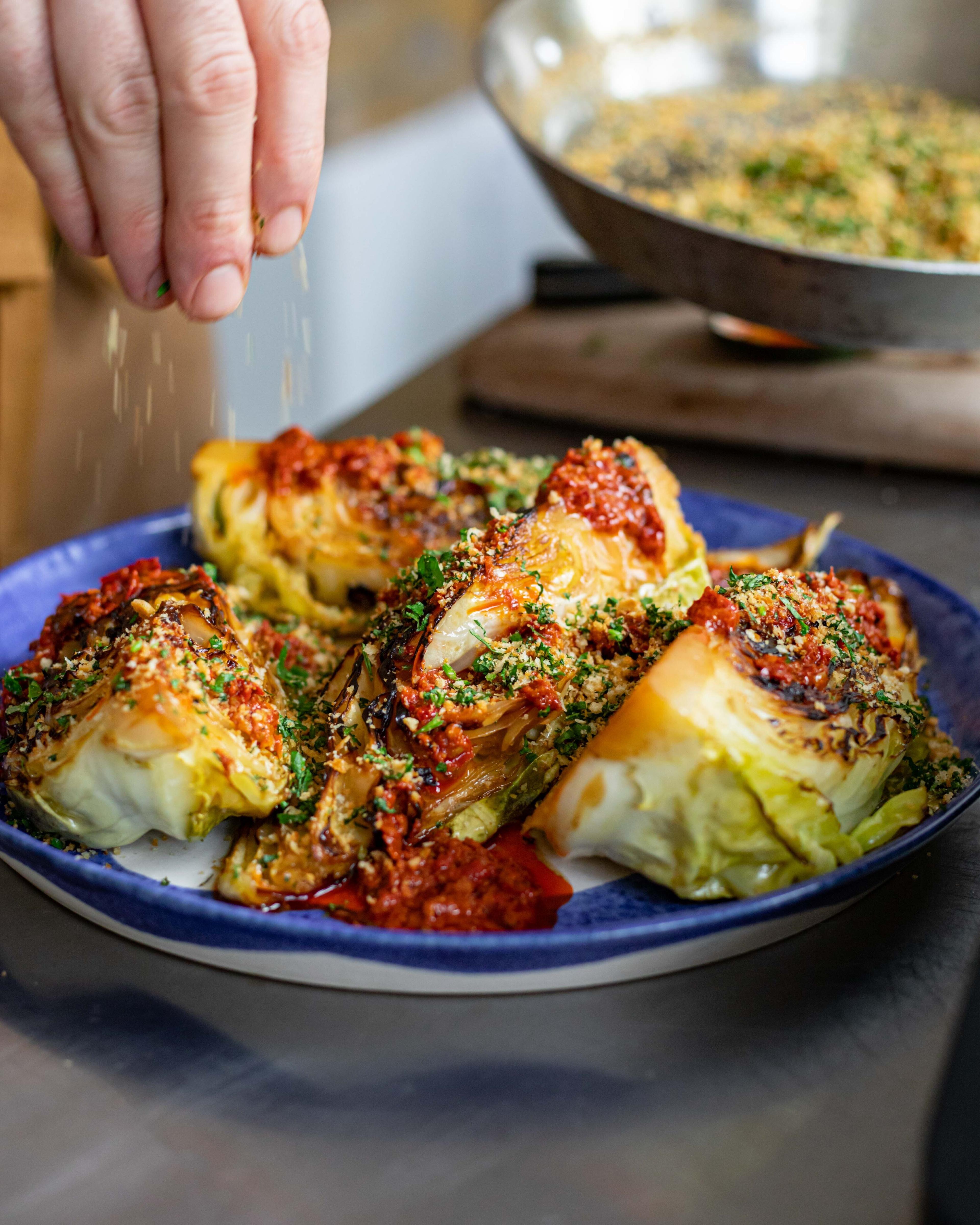 Roasted Hispi Cabbage With Harissa Dressing Pangrattato