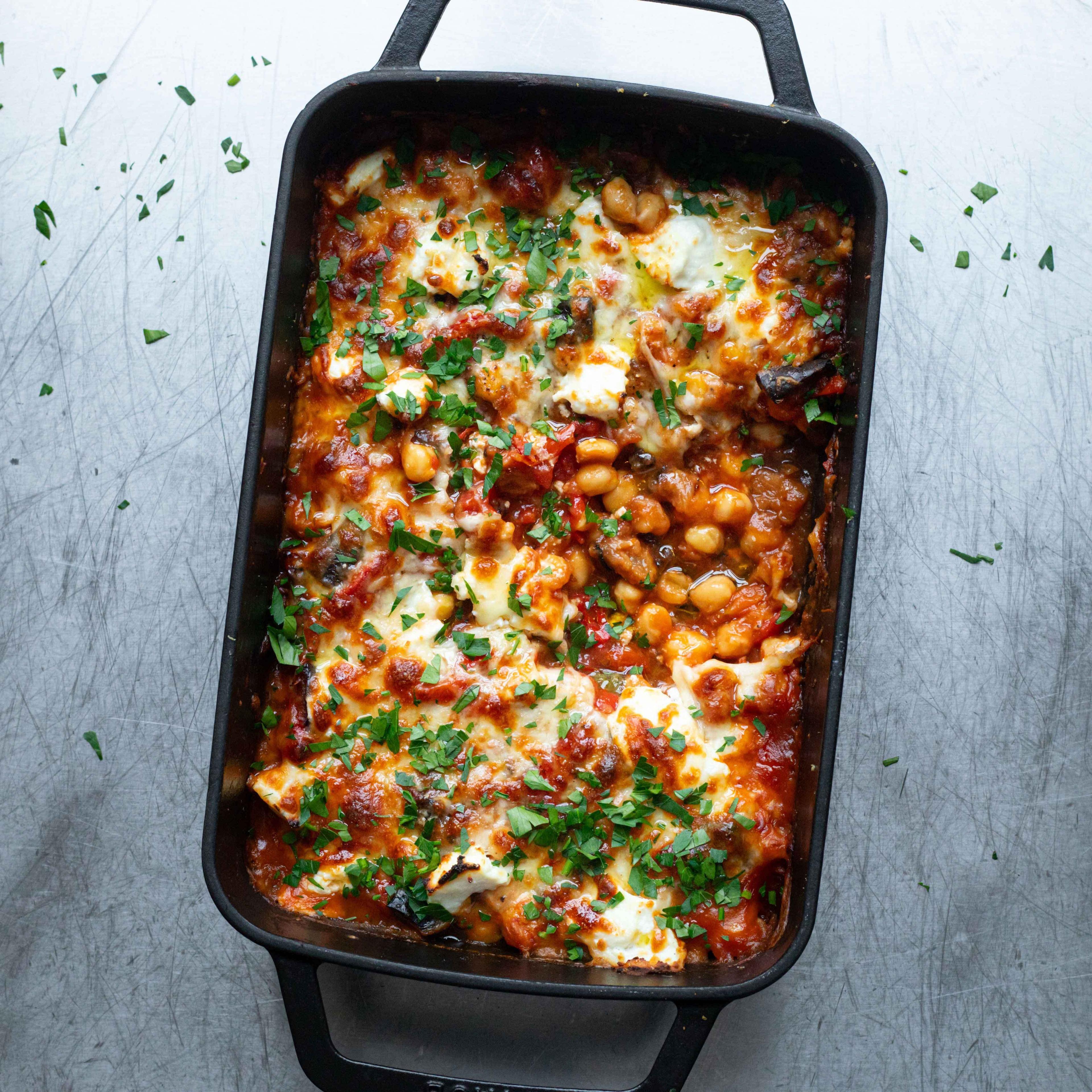 Saucy Aubergine Chickpea Ricotta Bake