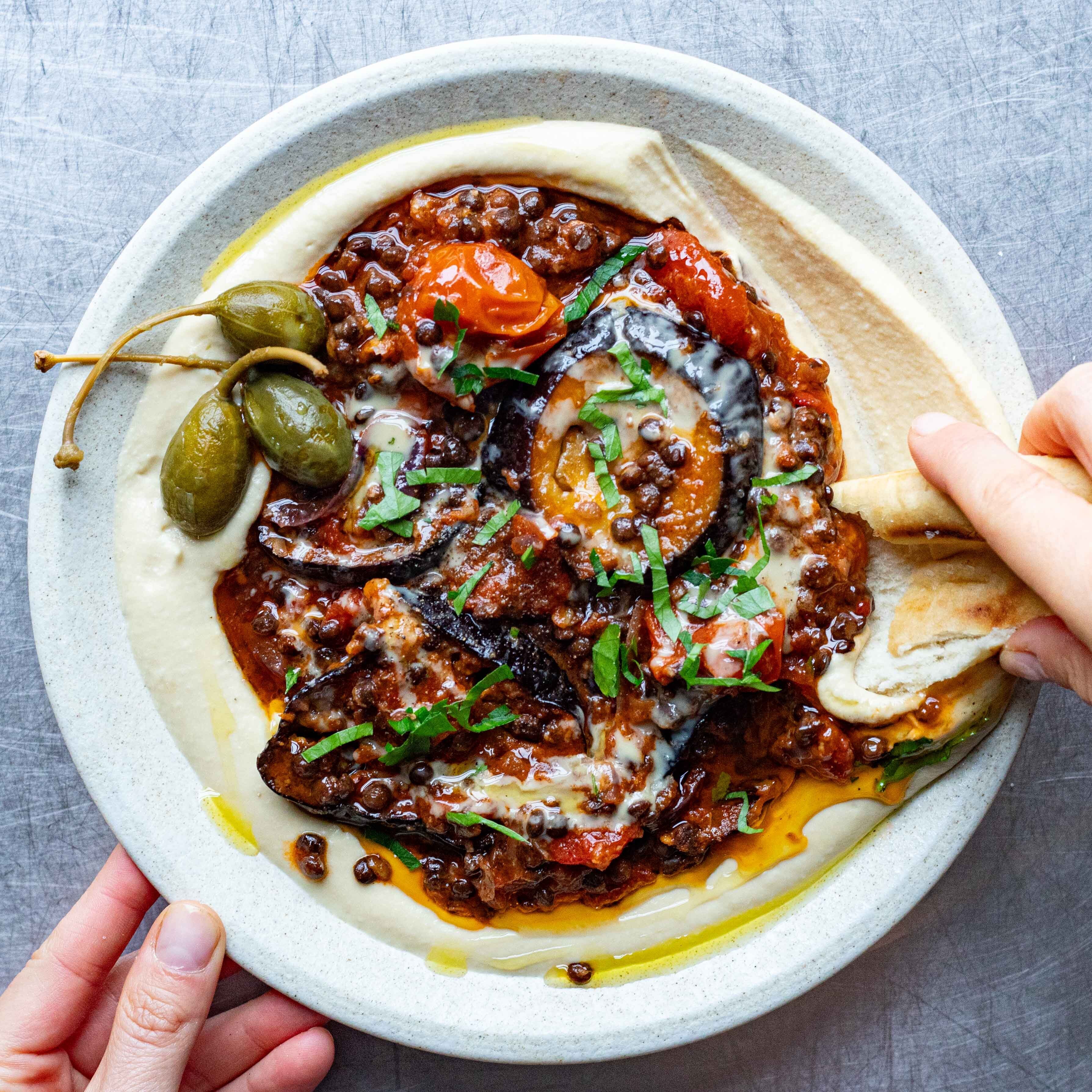 Spiced Aubergine Lentil Stew Hummus Bowl