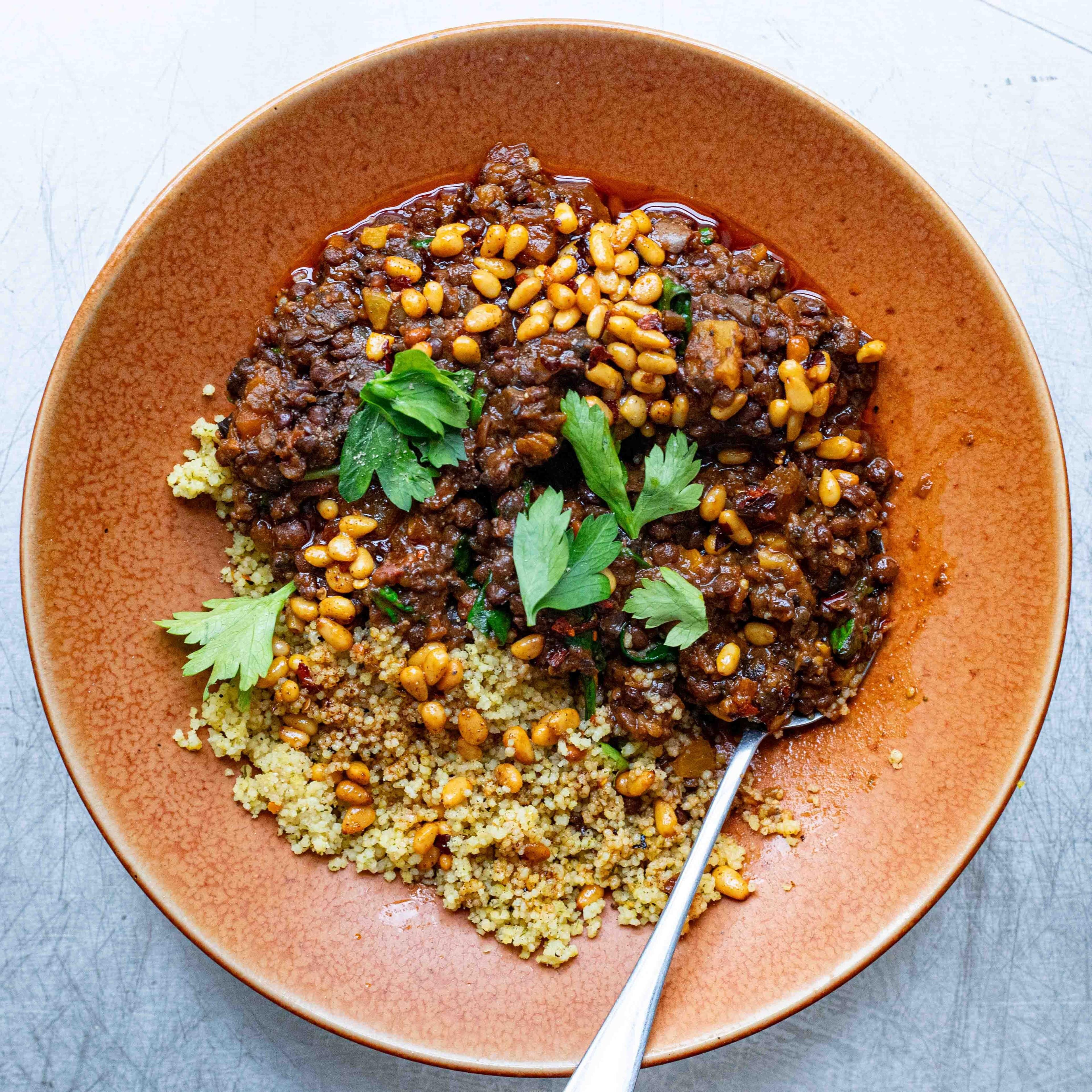 Spiced Lentils with Couscous Buttered Pine Nuts