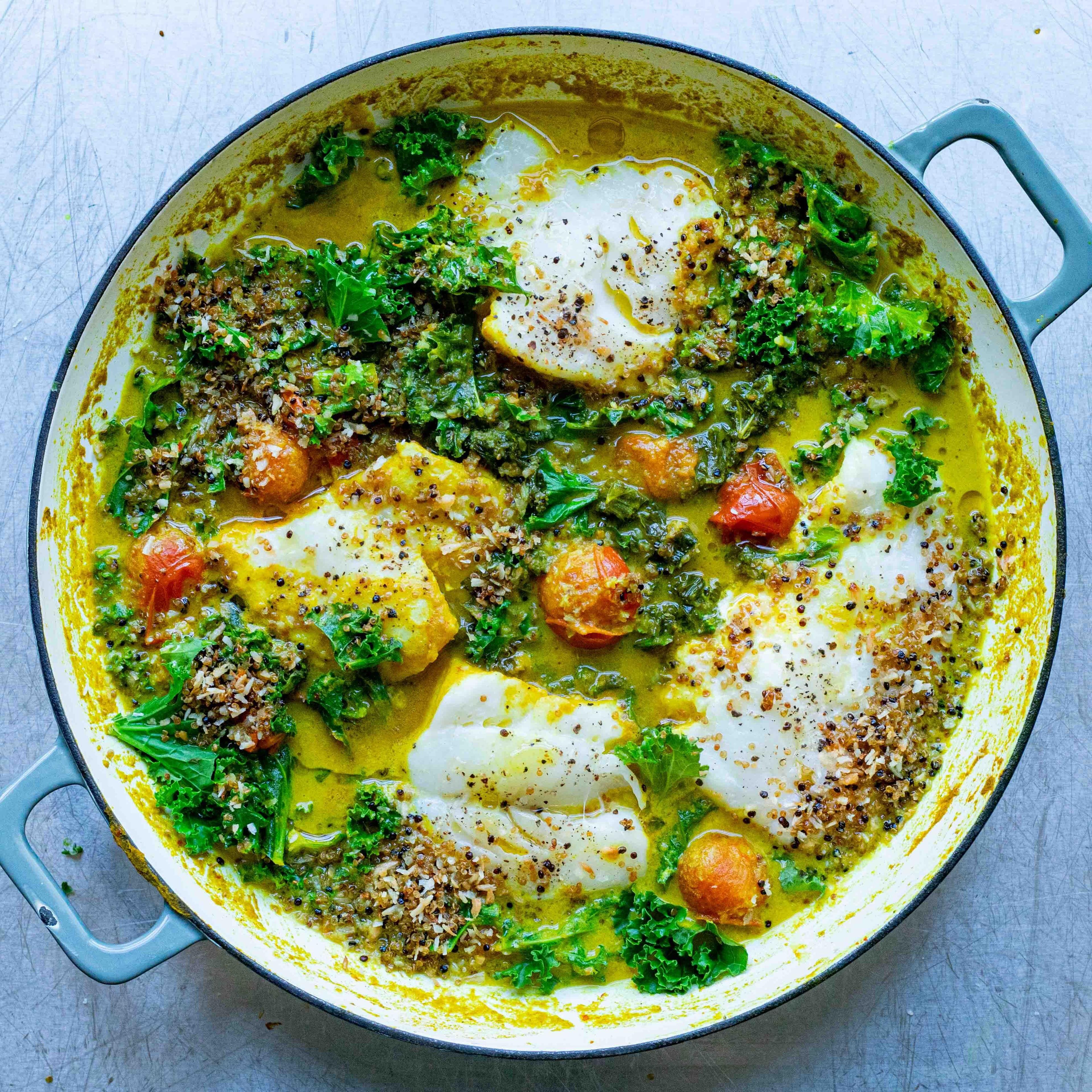 Turmeric Cod Curry With Crispy Coconut Quinoa