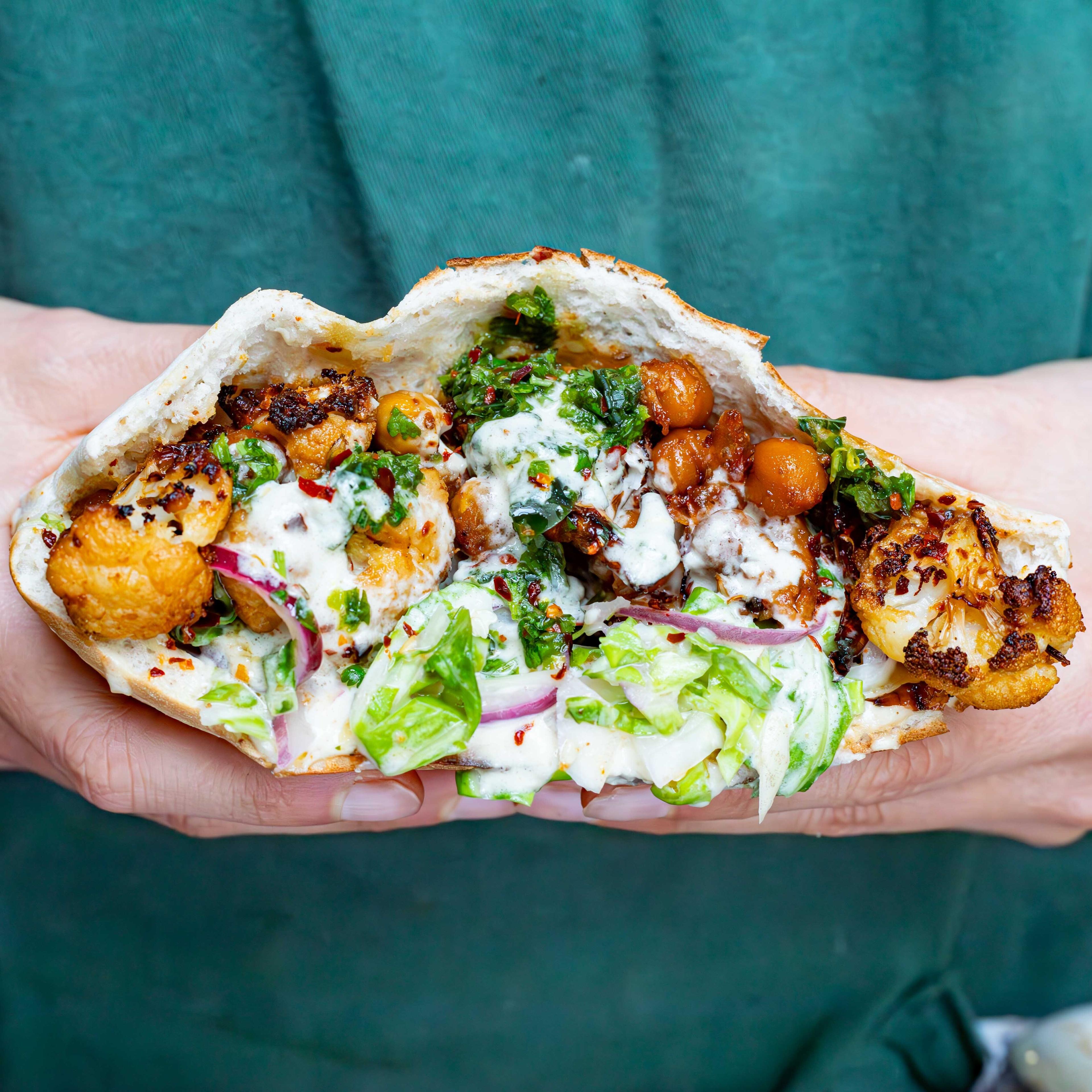 Cauliflower Pittas with Cauliflower Leaf Slaw