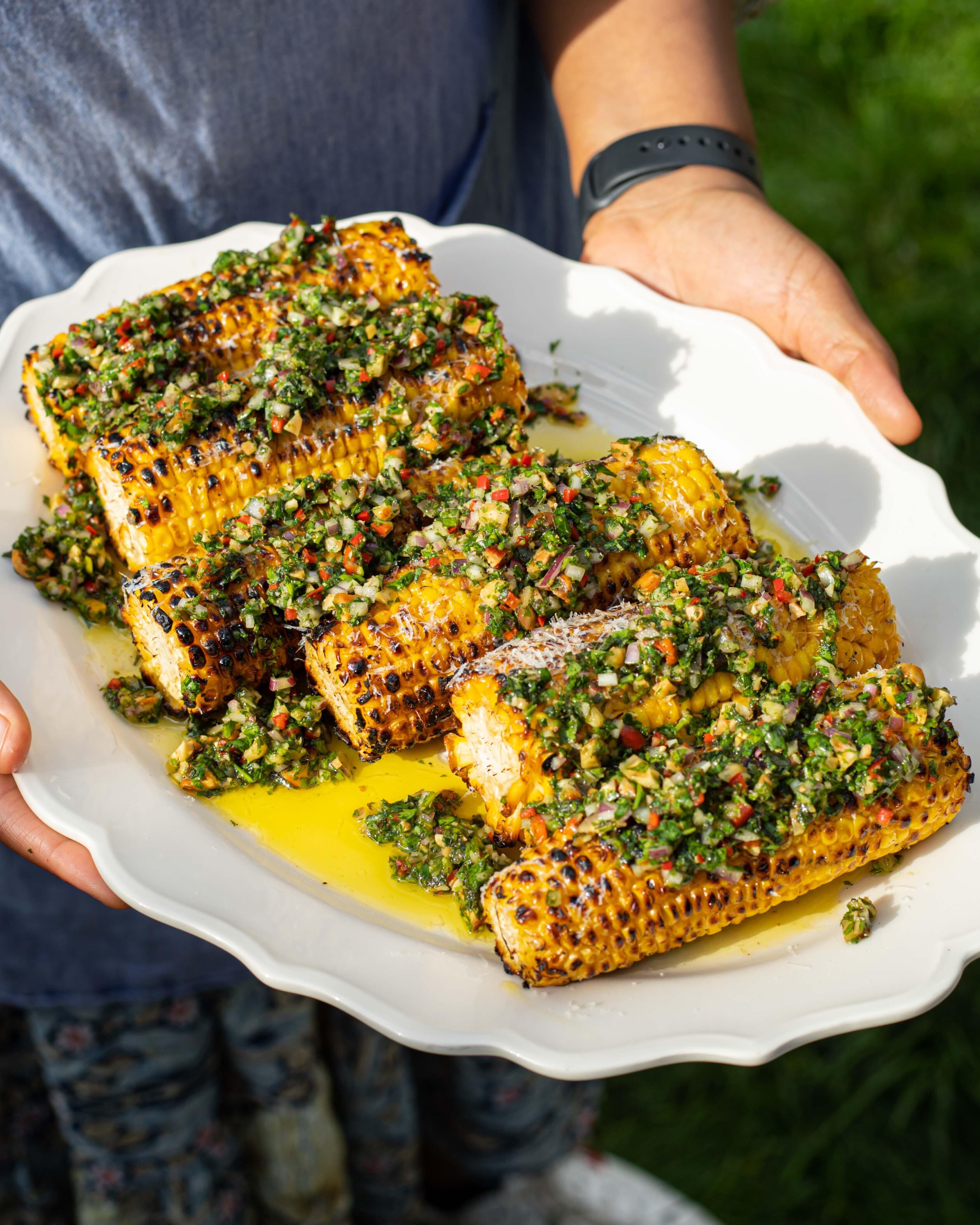 Crispy Grilled Corn with Nutty Salsa Verde