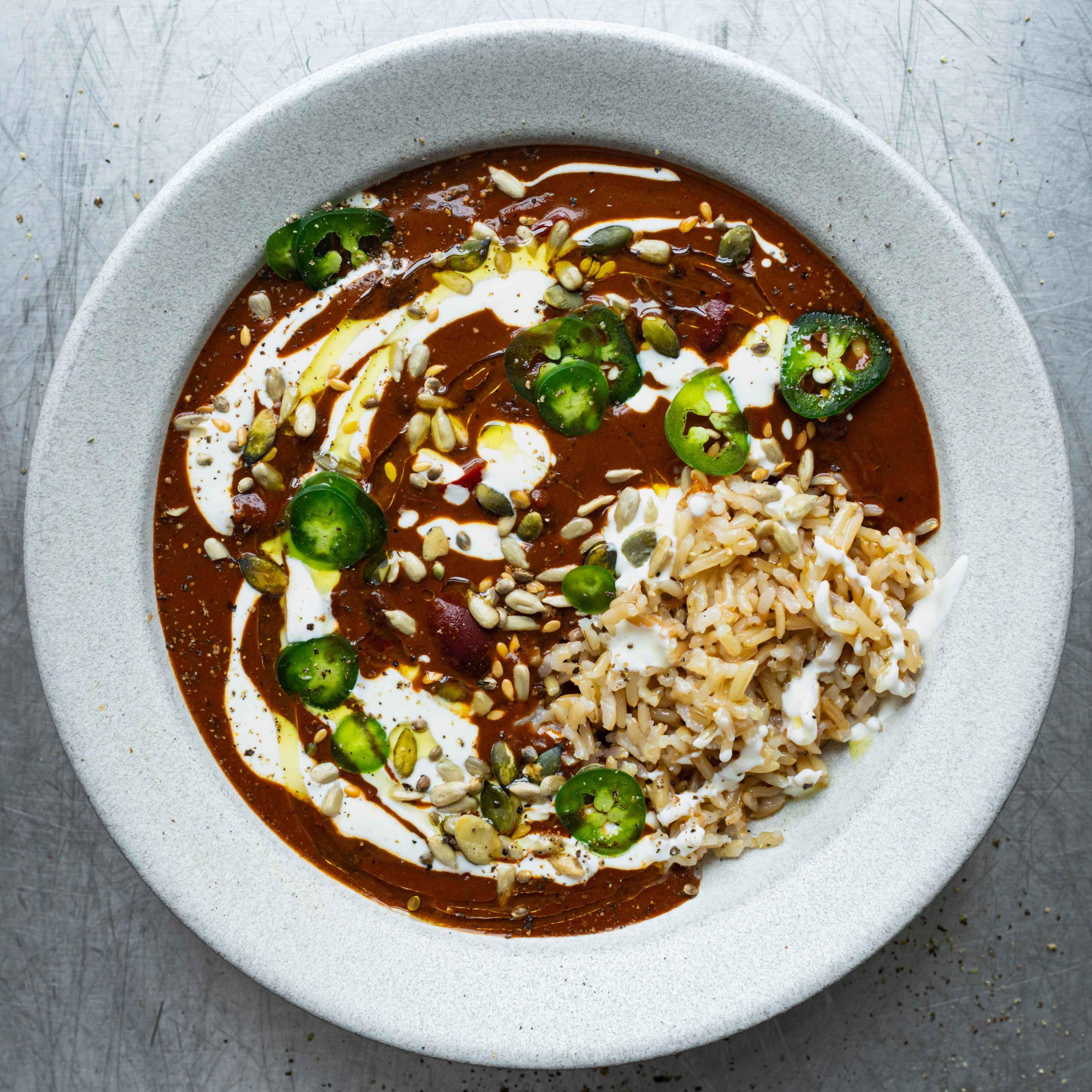 Beany Chilli Soup with Toasted Seeds Wholegrain Rice