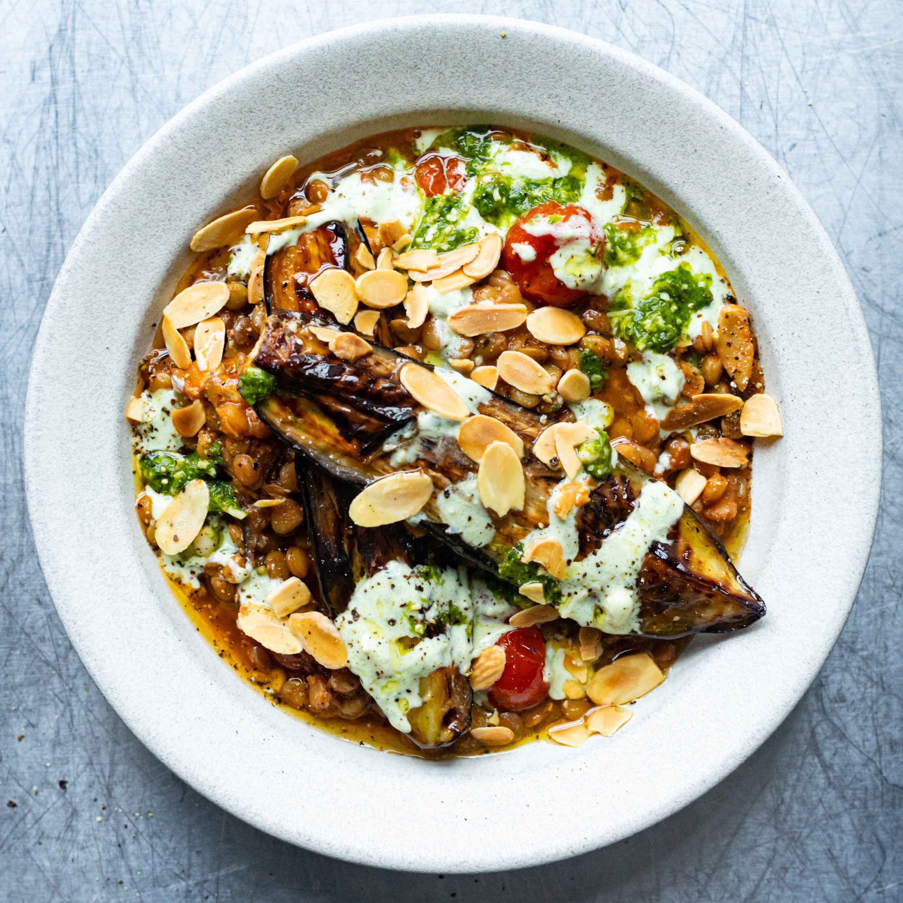 Braised Aubergine Lentils With Pesto Yoghurt