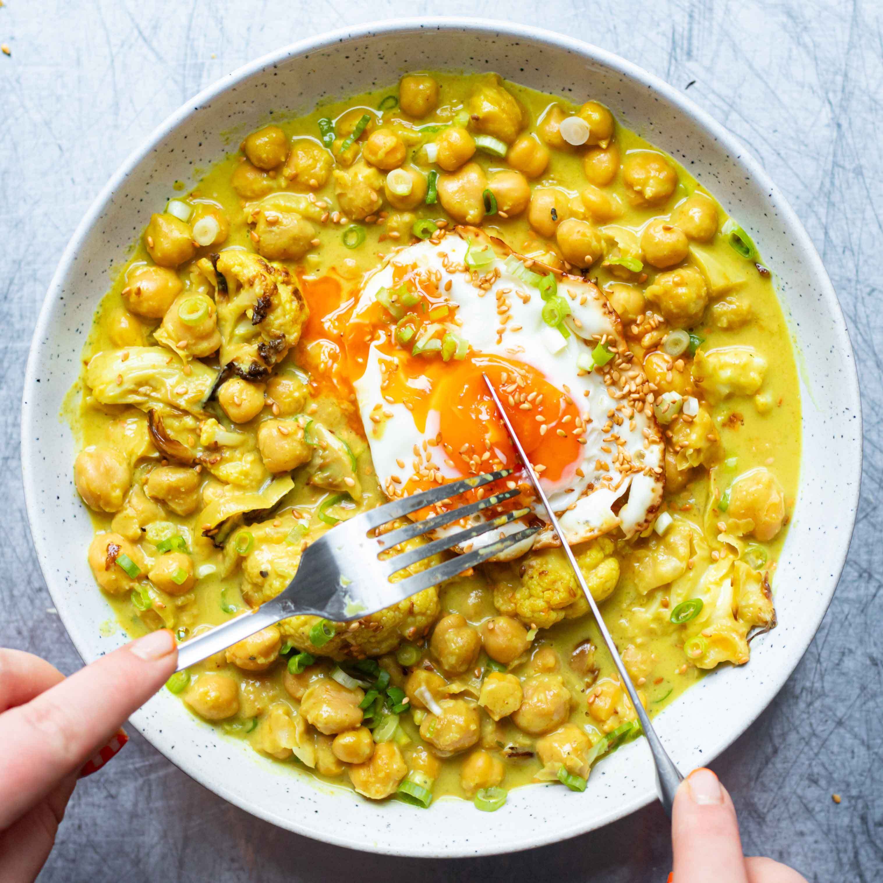 Brothy Curried Chickpeas with Charred Savoy Toasted Coconut