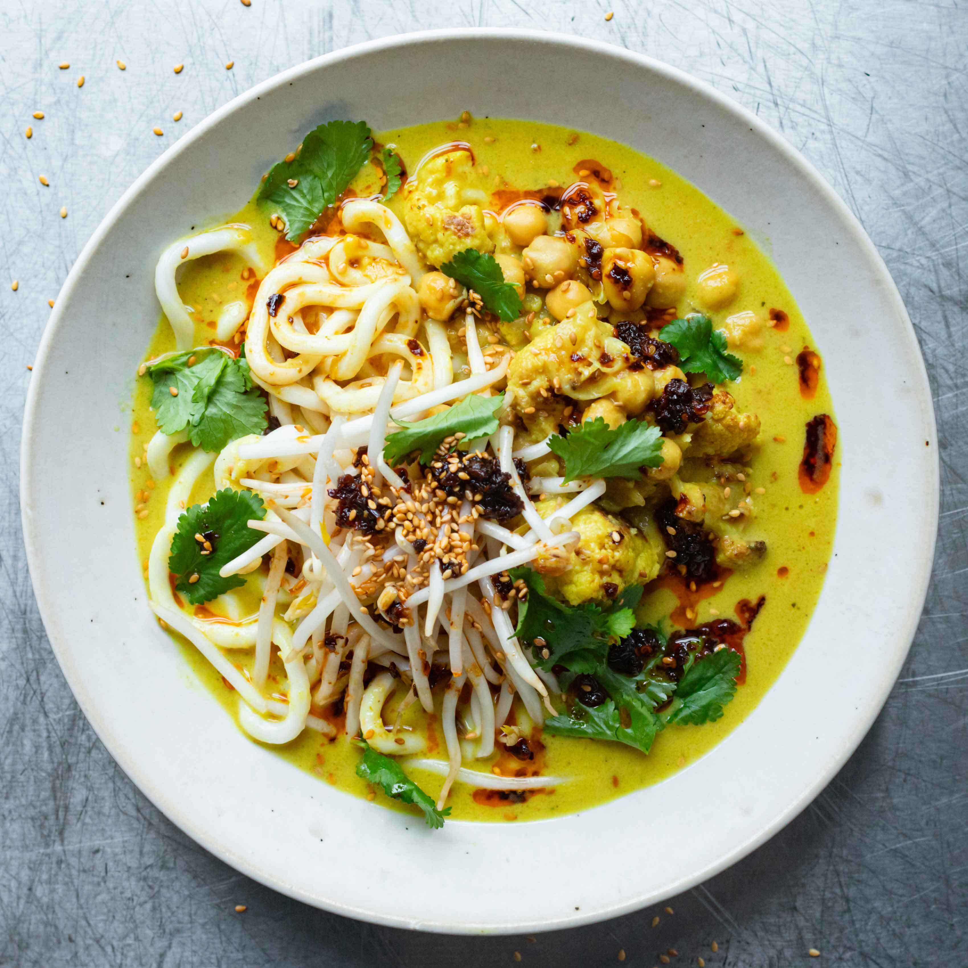 Charred Cauliflower Curry Noodles with Leftover Roast Chicken