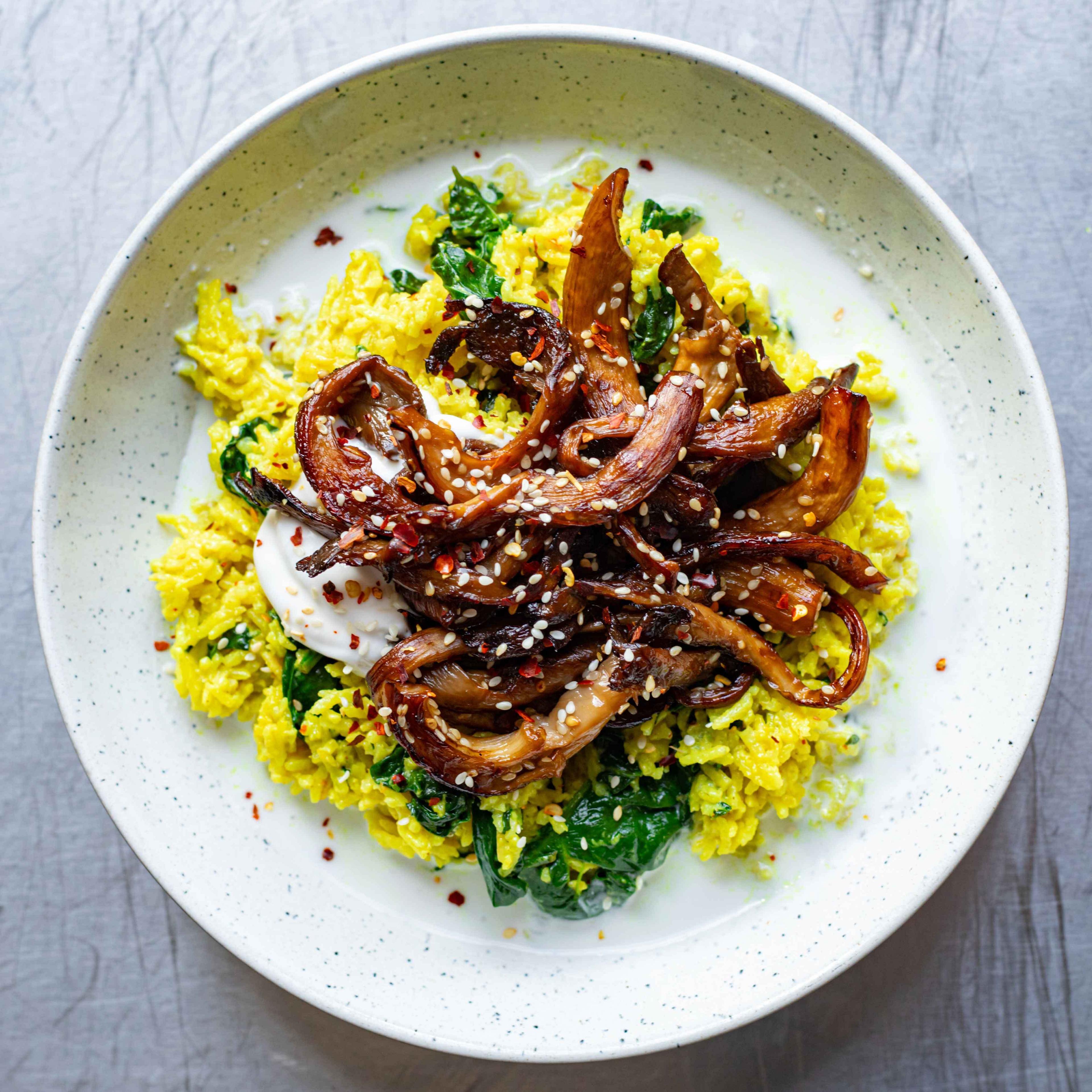 Creamy Spiced Rice with Crispy Soy Sesame Mushrooms