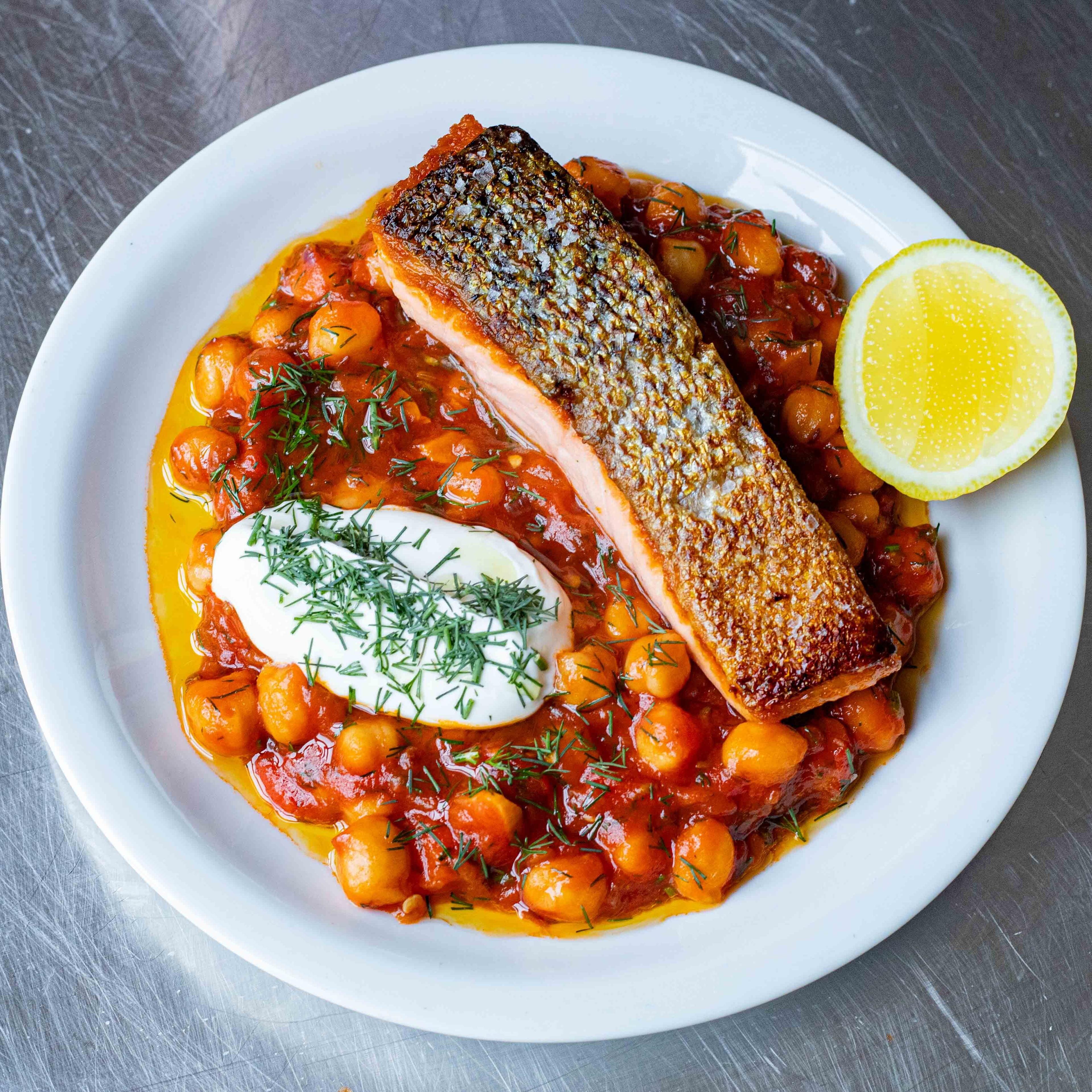 Crispy Salmon With Spicy Chickpea Ragù