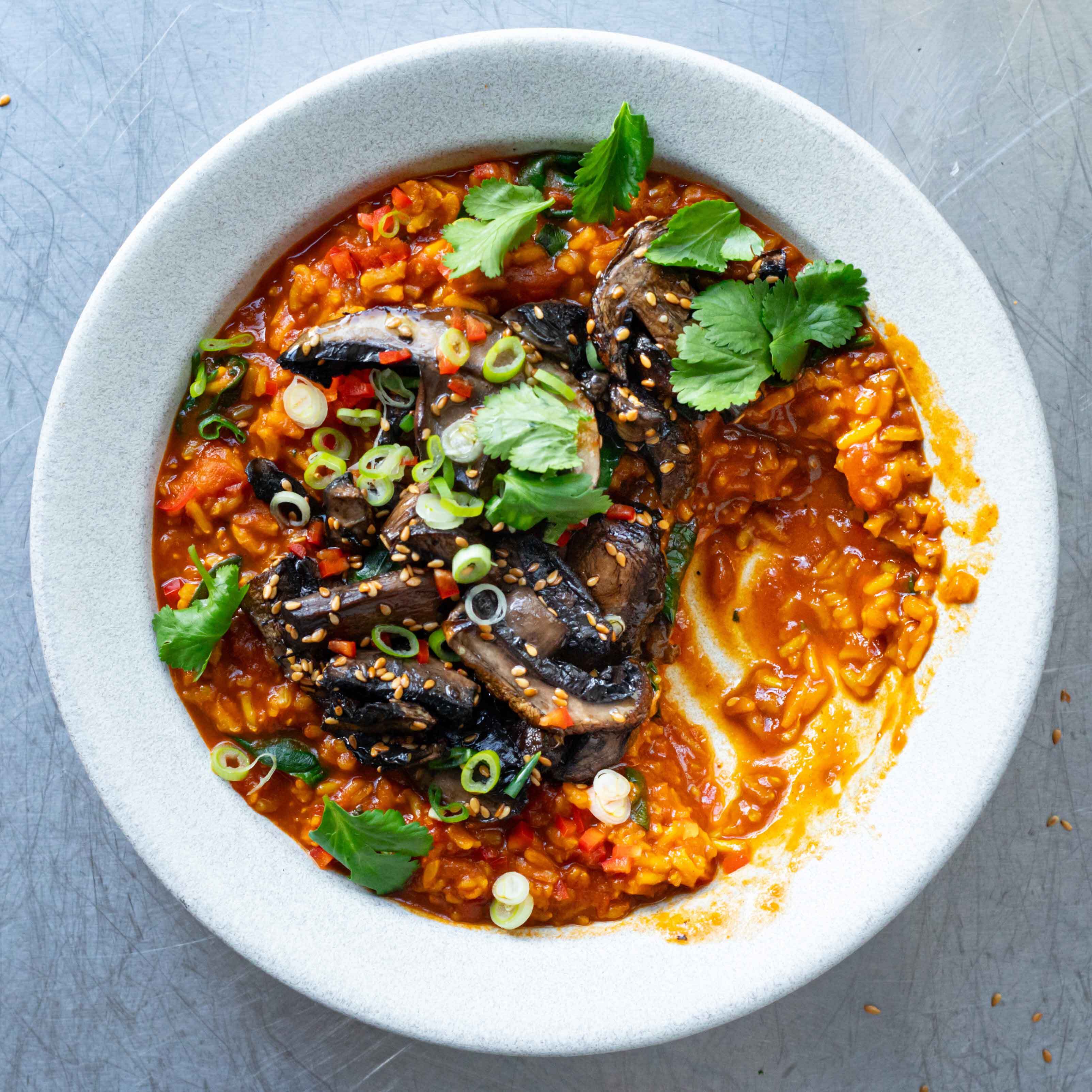 Gingery Tomato Rice with Soy Roasted Mushrooms