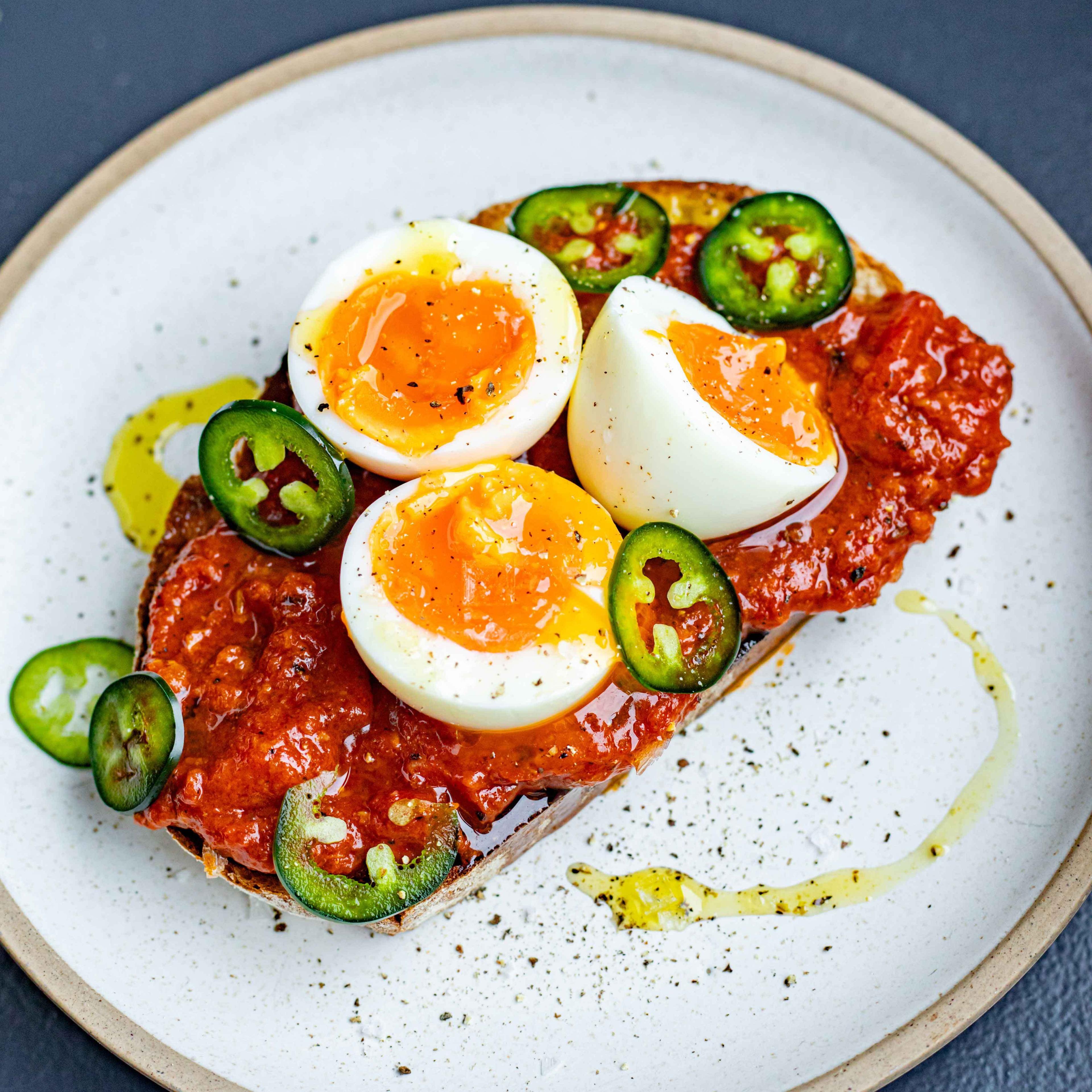 Spiced Tomato Sauce Jammy Eggs on Sourdough