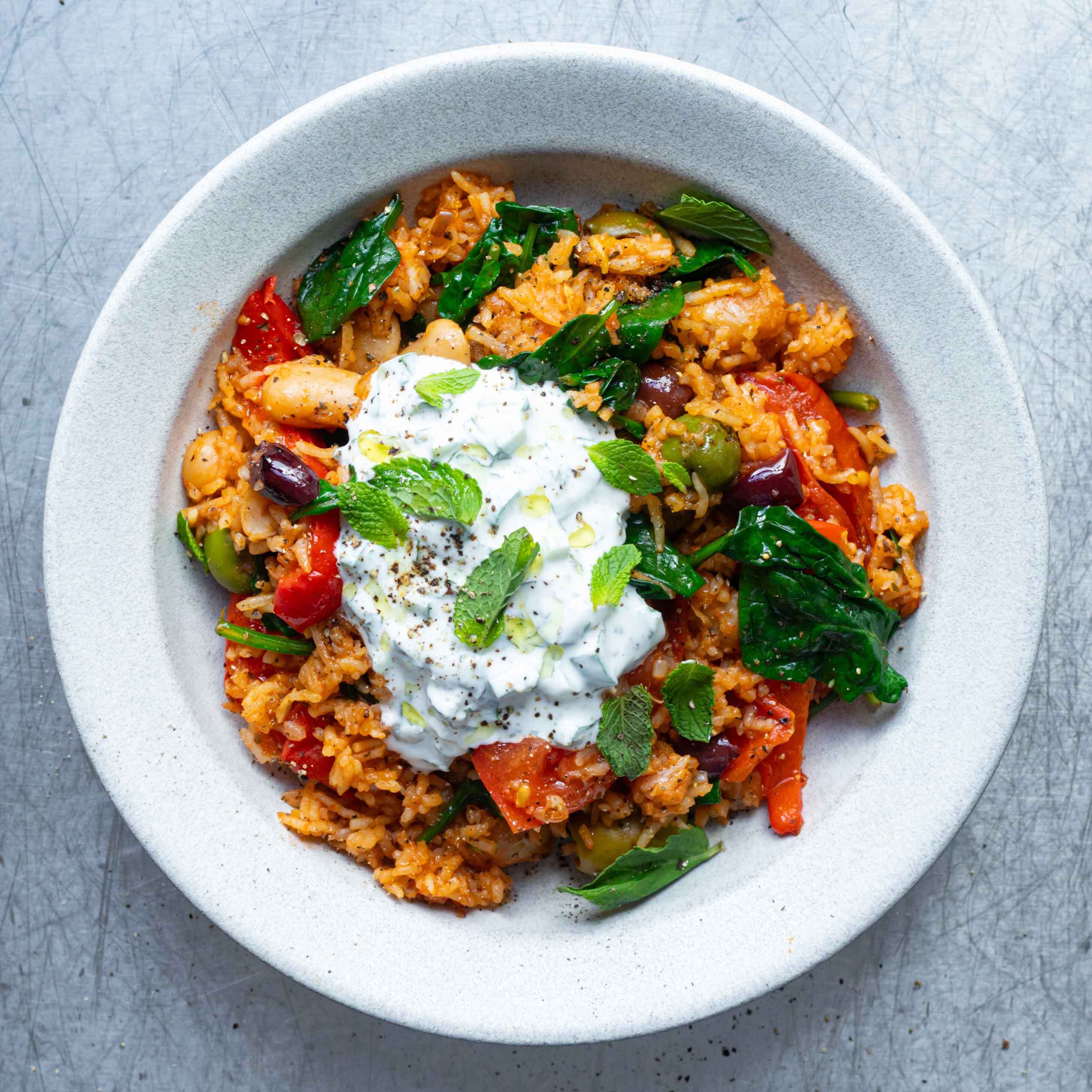 Tomato Olive Baked Rice With Tzatziki