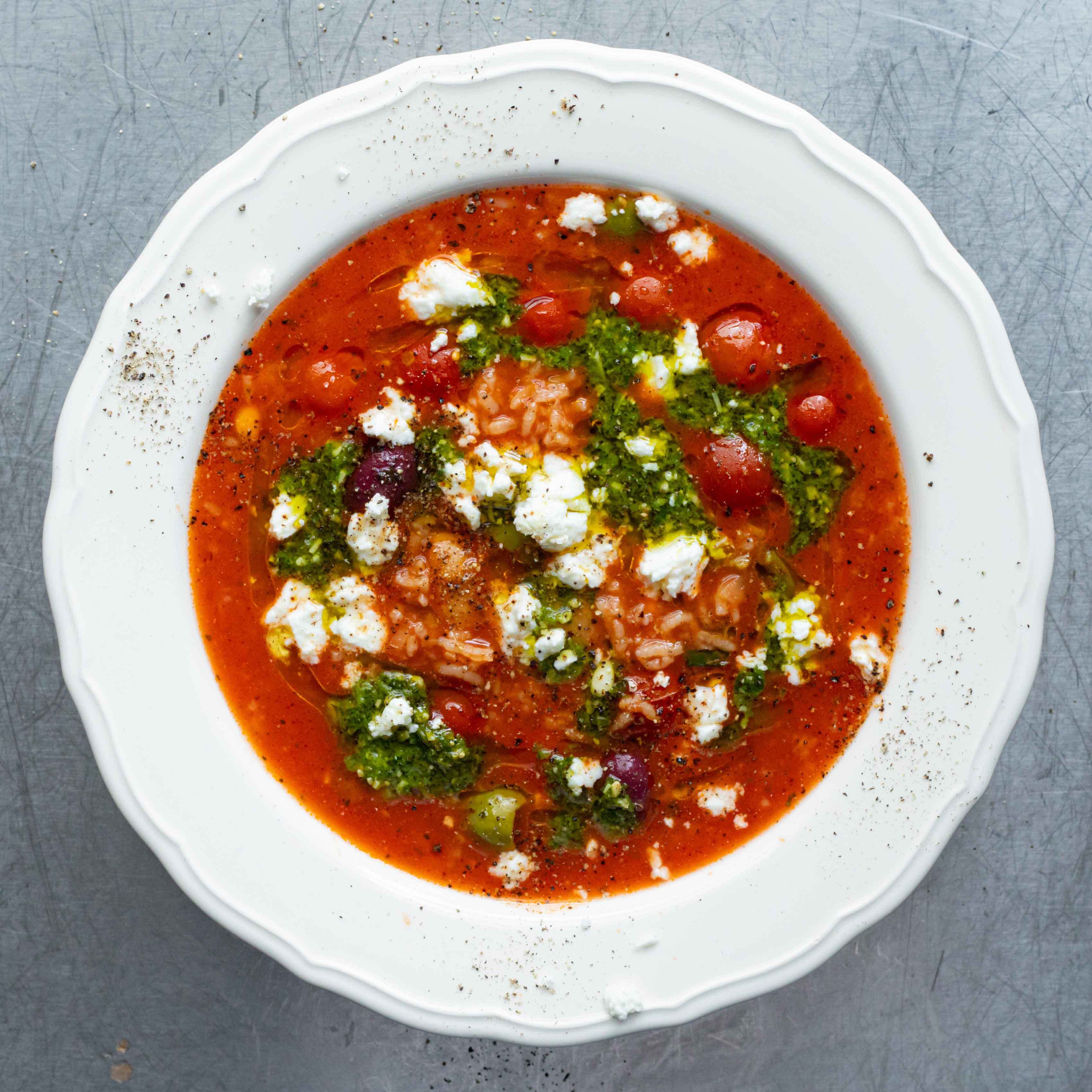 Tomato Olive Brothy Rice with Pesto Feta