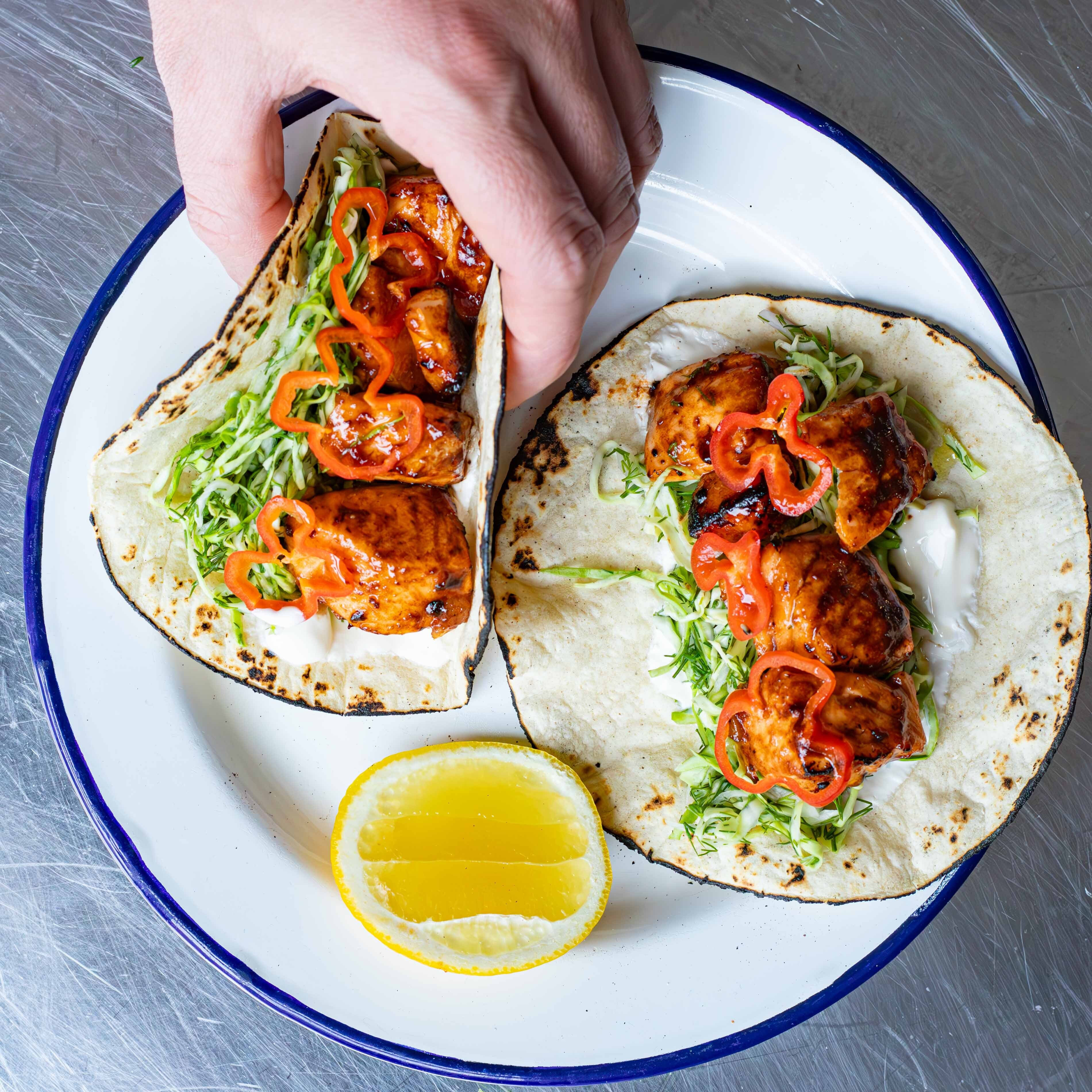 Air Fryer Salmon Tacos with Mango Chipotle Glaze