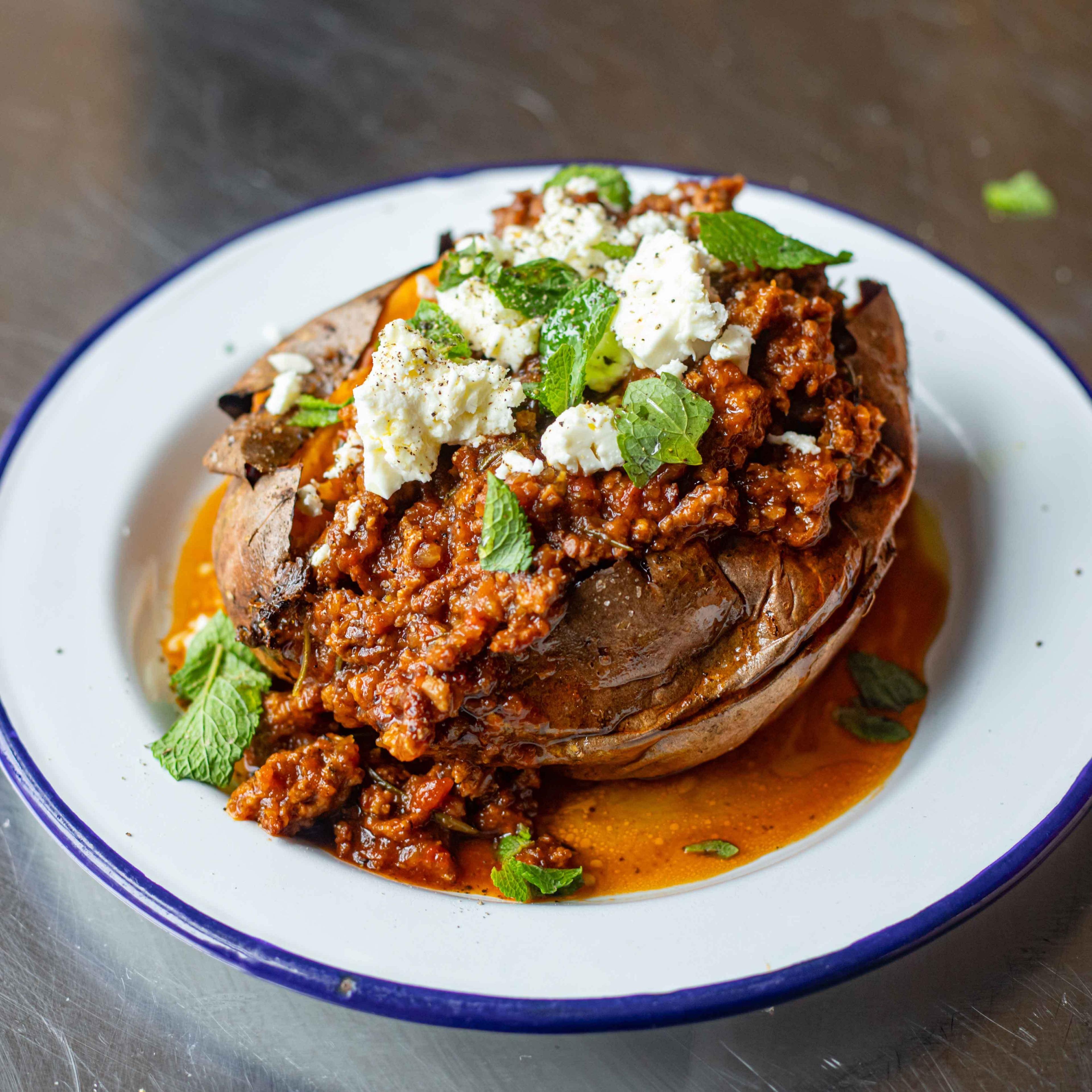 Baked Sweet Potato with Lamb Bolognese