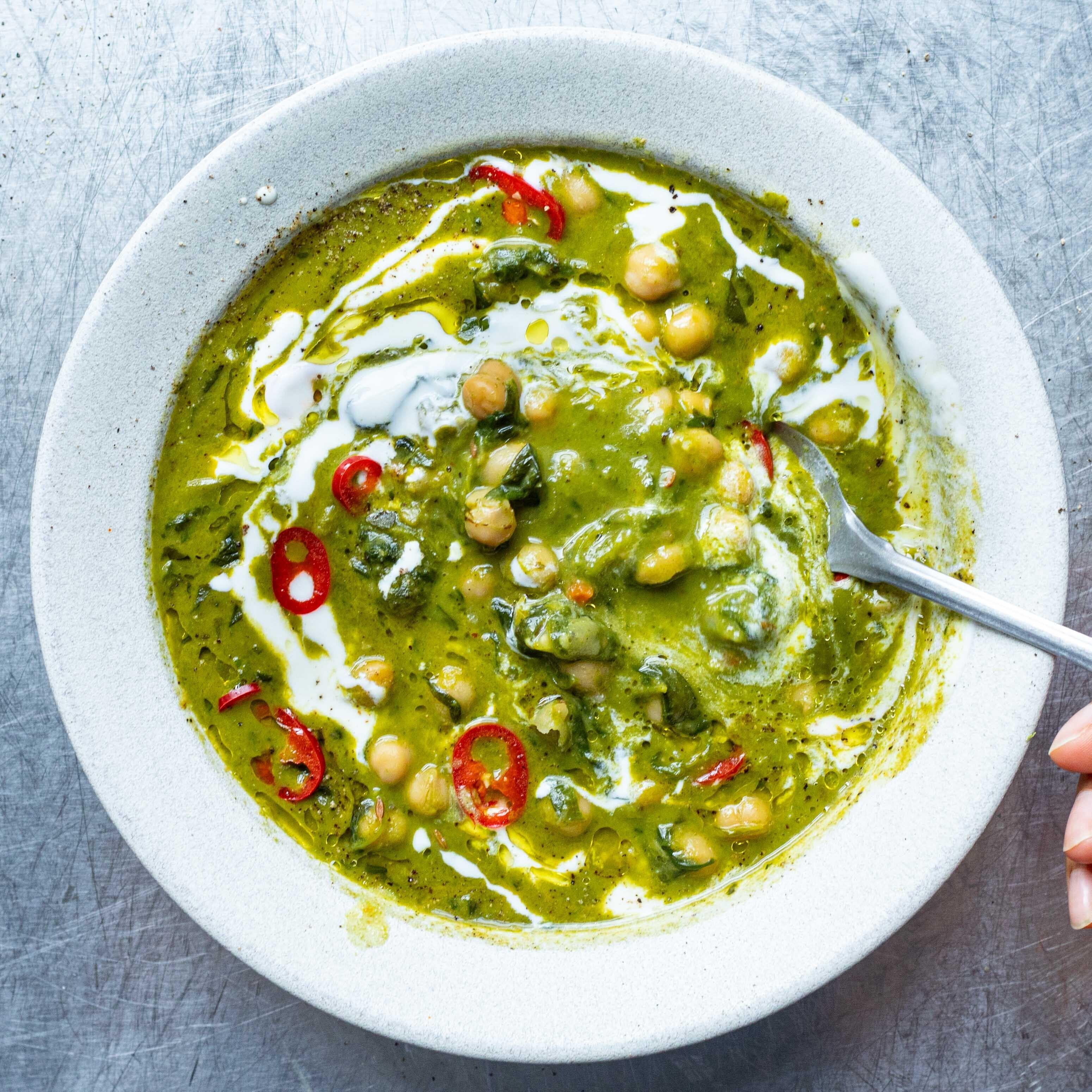 Brothy Spiced Green Chickpeas with Yoghurt Swirl