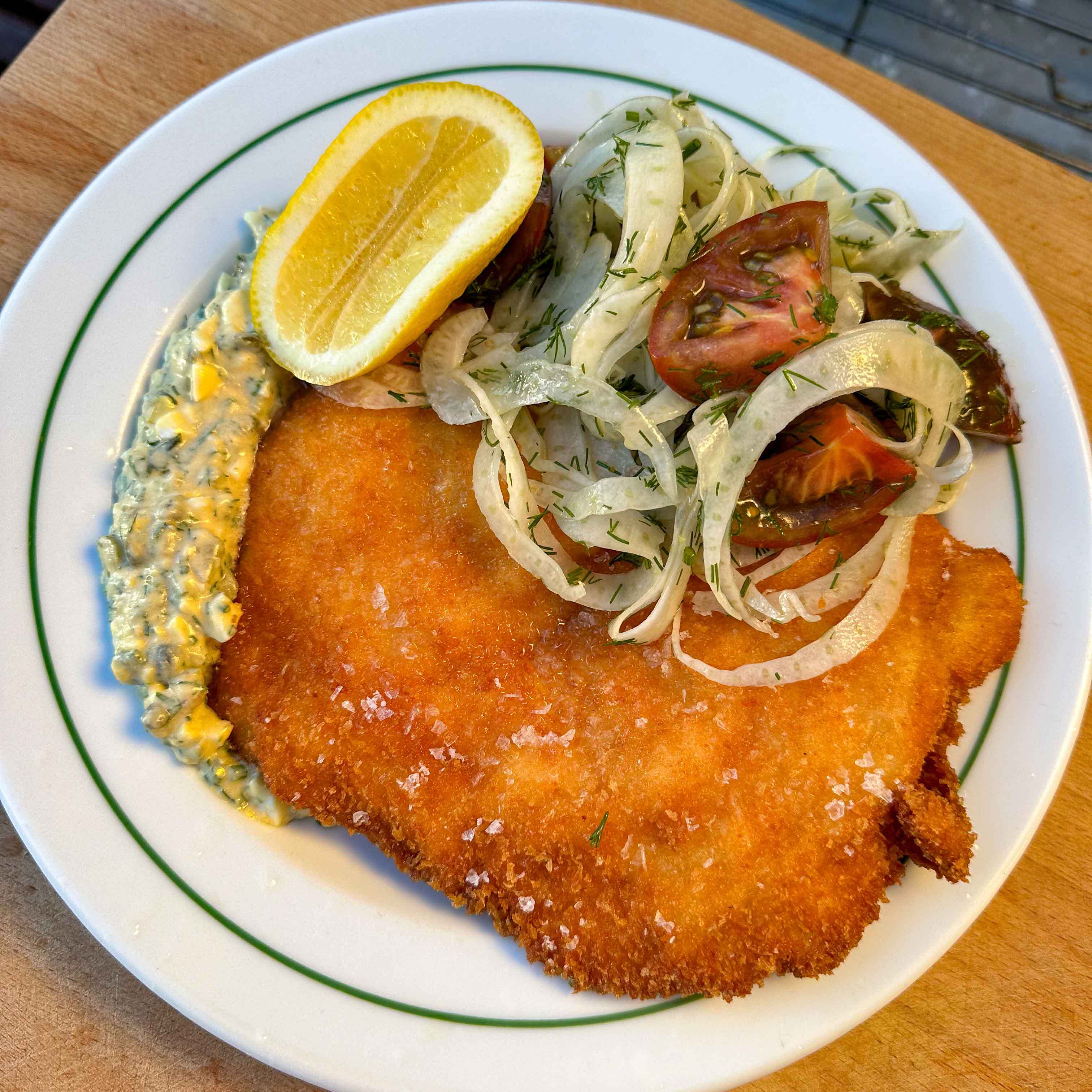 Chicken Schnitzel with Sauce Gribiche Fennel Salad