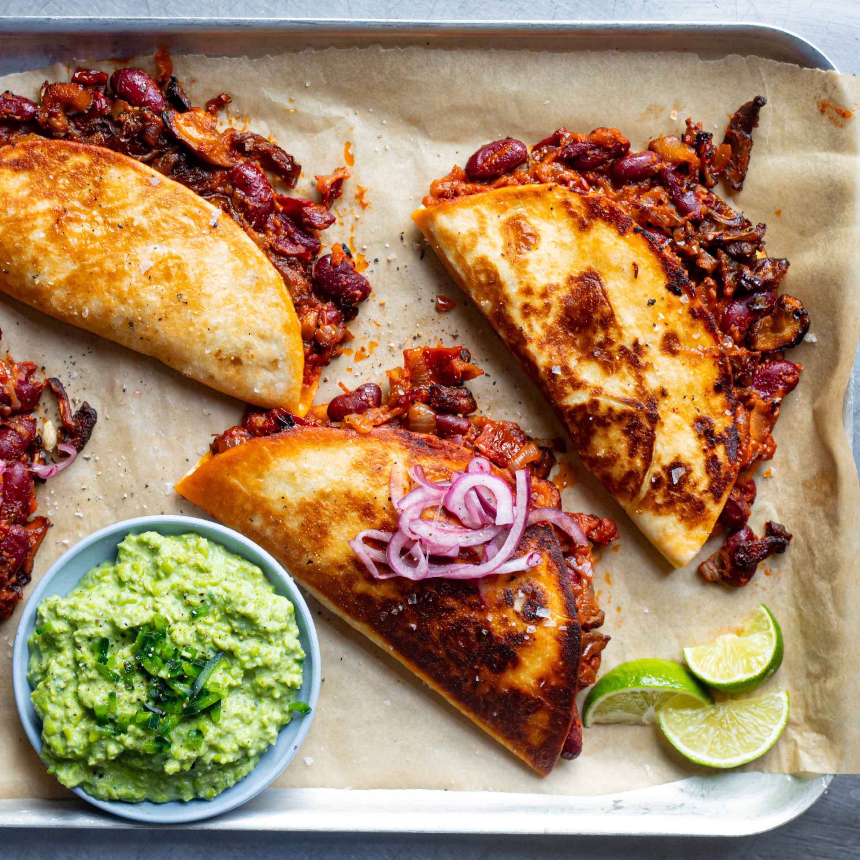 Crispy Mushroom Black Bean Tacos with Pea Guacamole