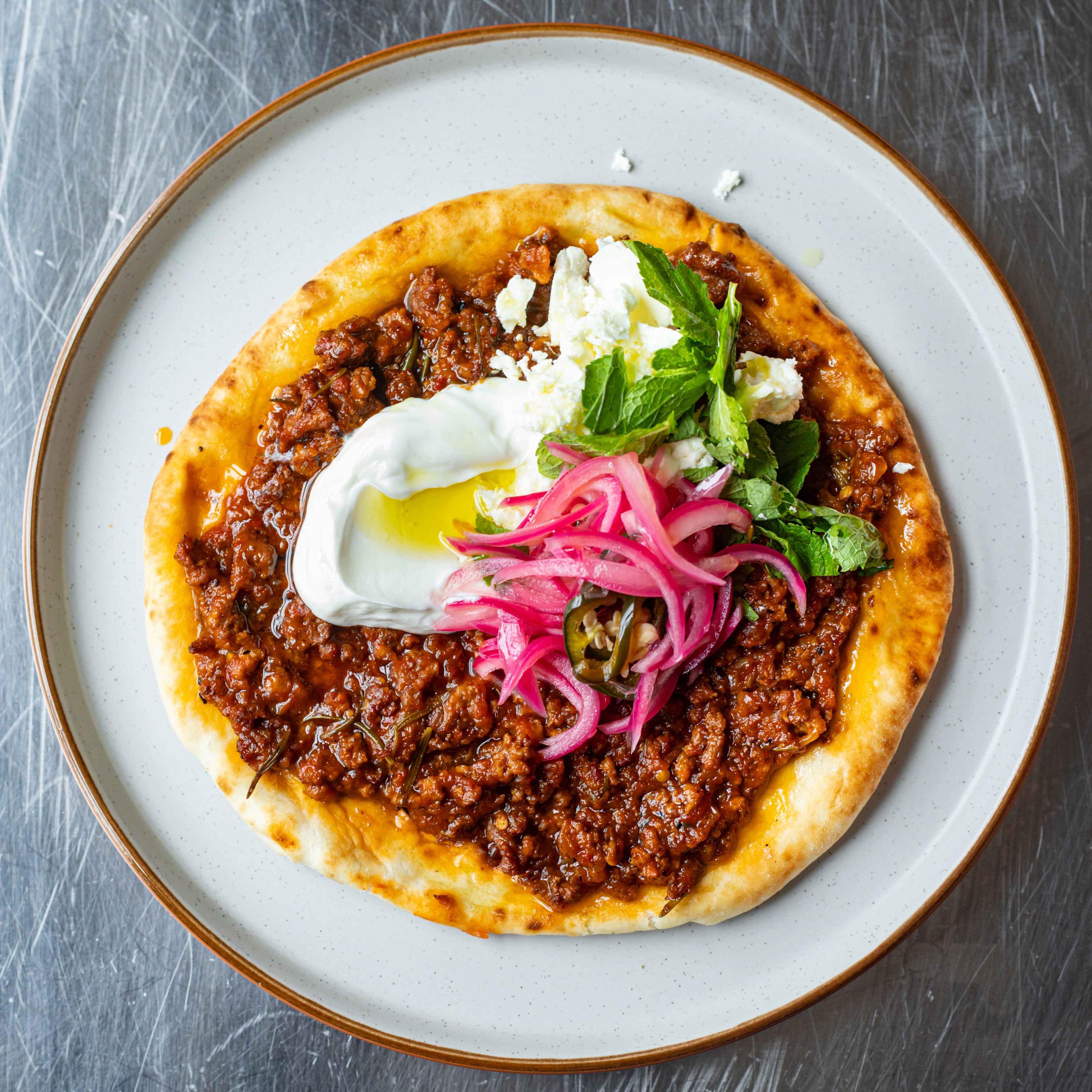 Grilled Lamb Flatbreads With Pink Pickled Onions