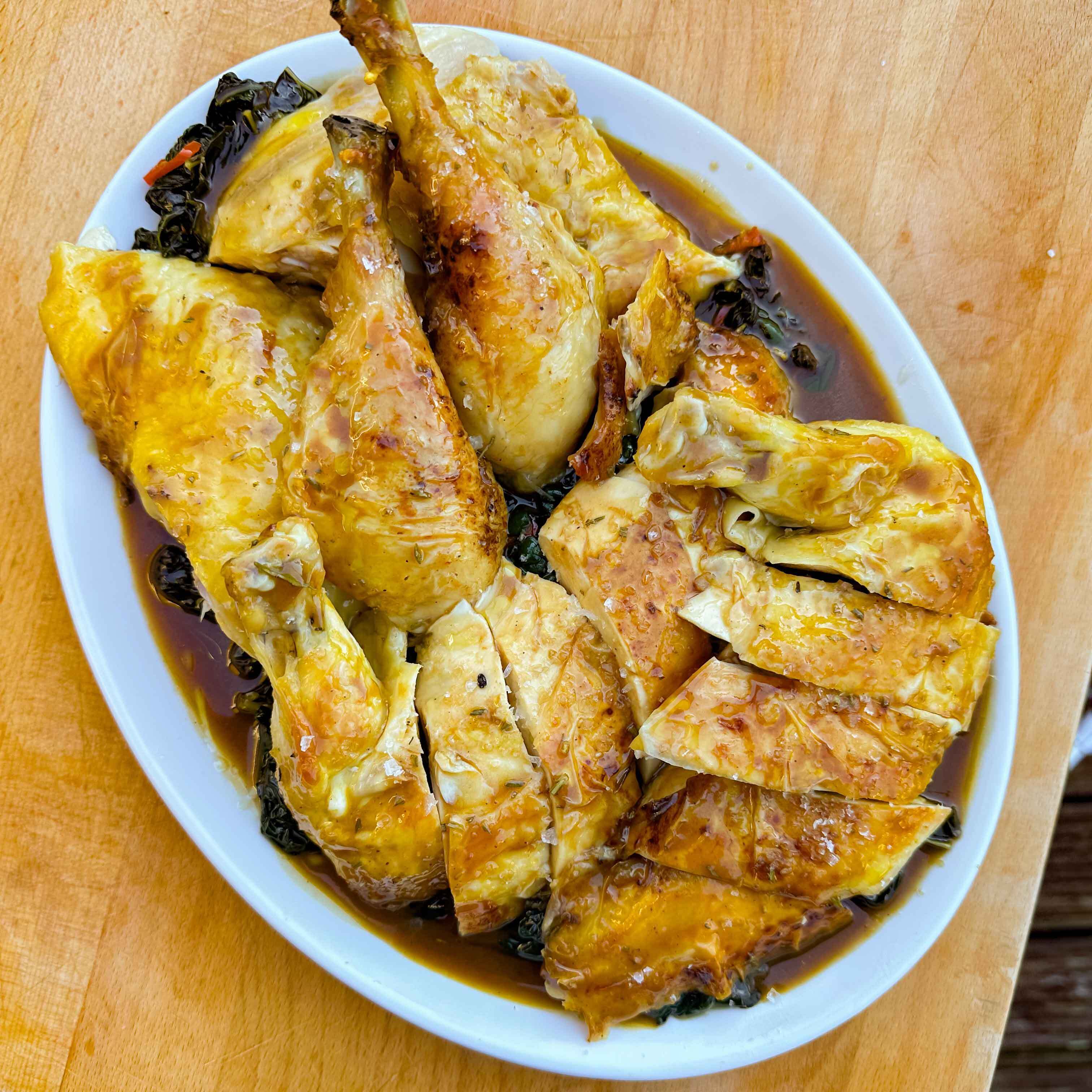 Roast Chicken with Gravy Braised Garlicky Greens