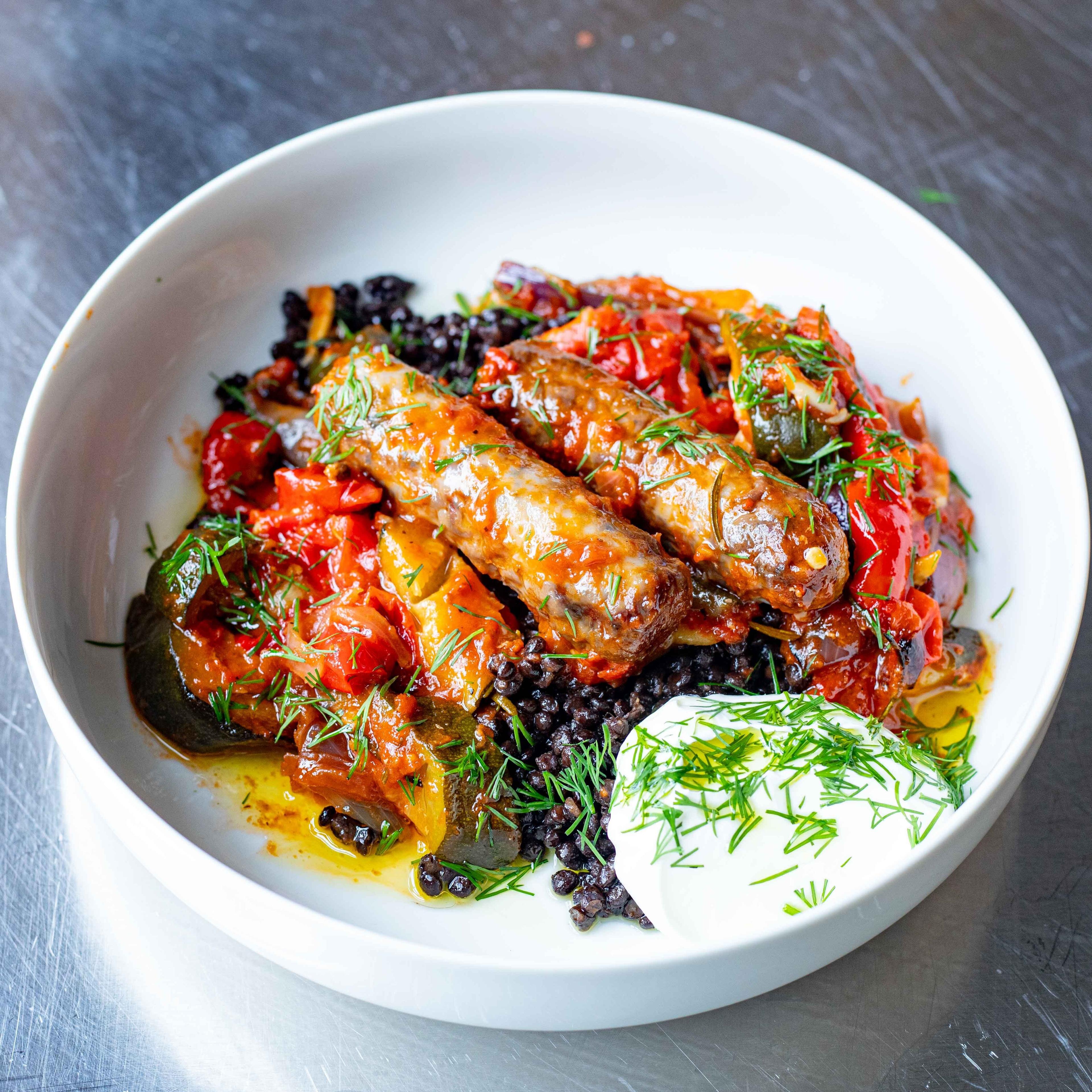 Sausage Ratatouille With Black Lentils Yoghurt